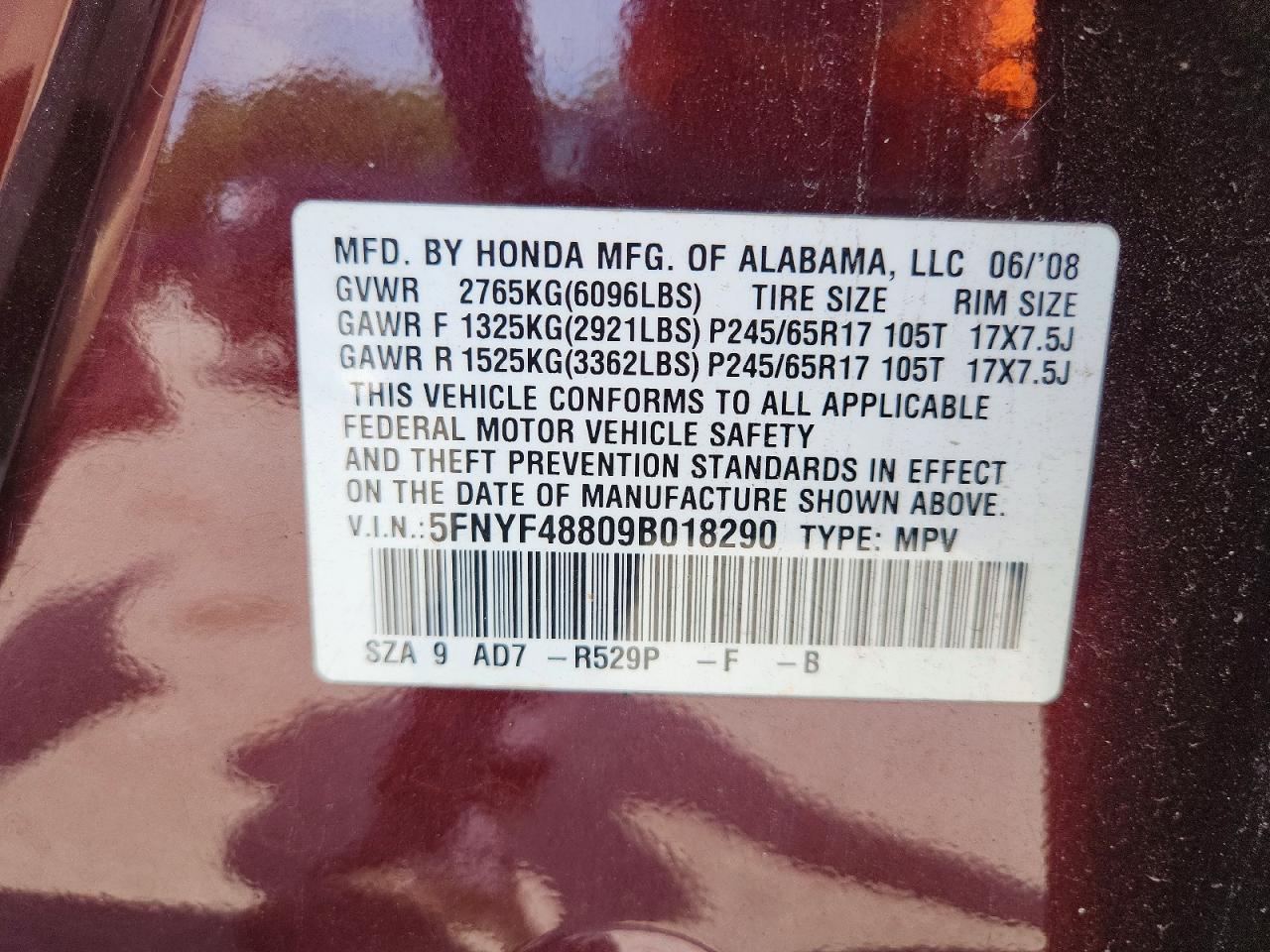 2009 Honda Pilot Touring Burgundy vin: 5FNYF48809B018290
