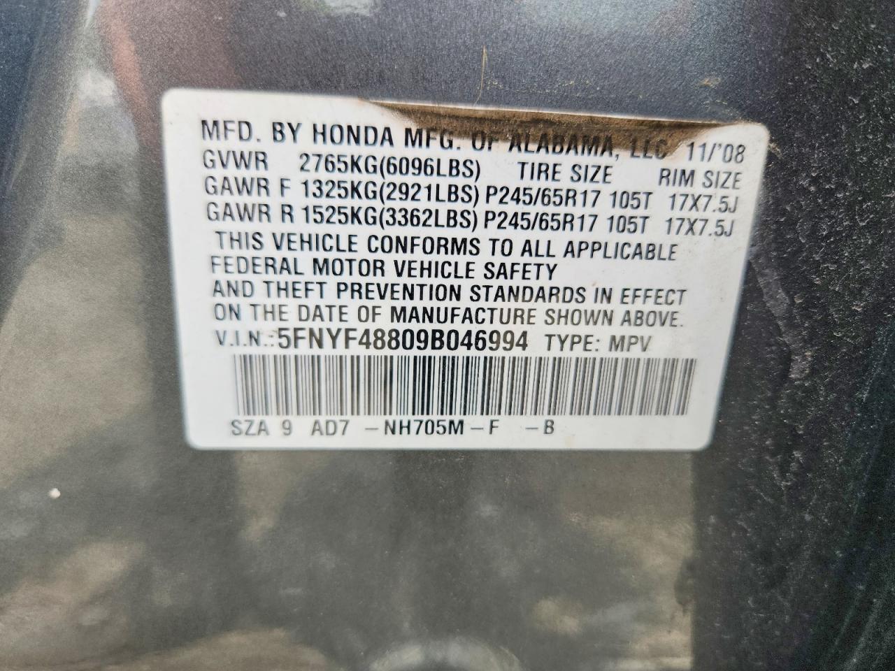2009 Honda Pilot Touring Серый vin: 5FNYF48809B046994