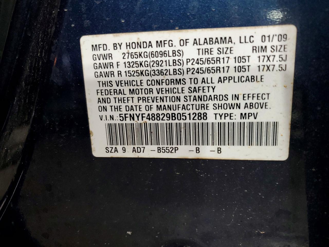 2009 Honda Pilot Touring Blue vin: 5FNYF48829B051288