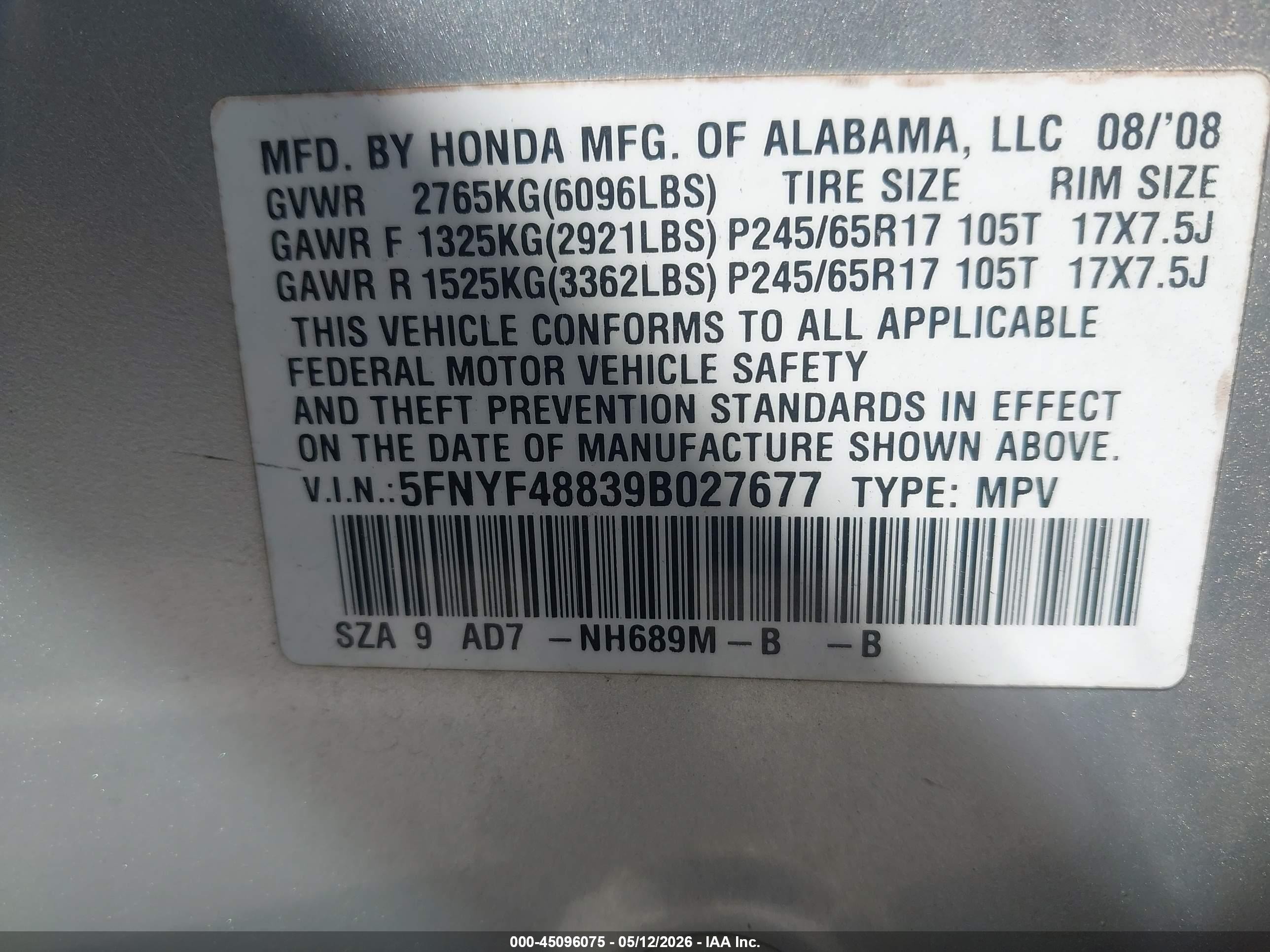 2009 Honda Pilot Touring Silver vin: 5FNYF48839B027677