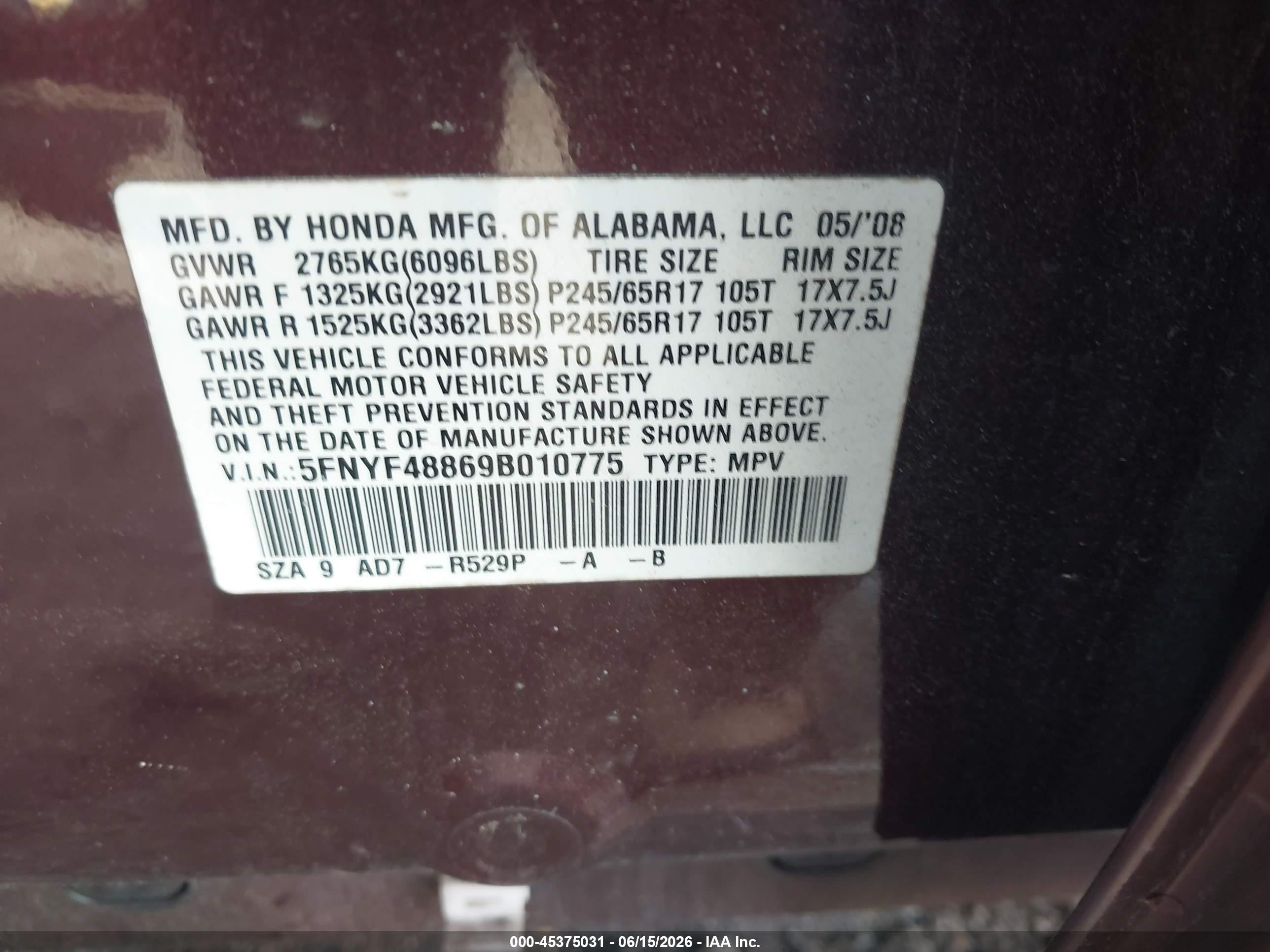 2009 Honda Pilot Touring Maroon vin: 5FNYF48869B010775