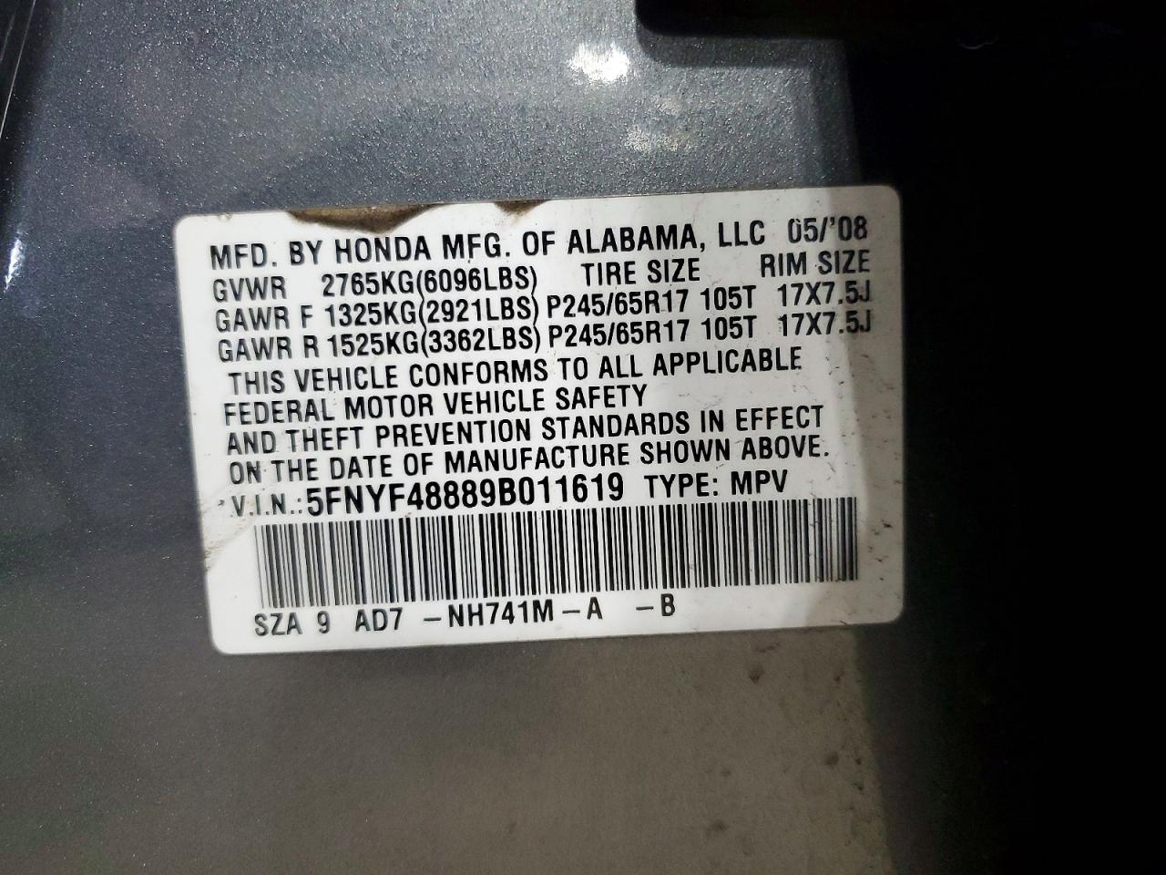 2009 Honda Pilot Touring Gray vin: 5FNYF48889B011619