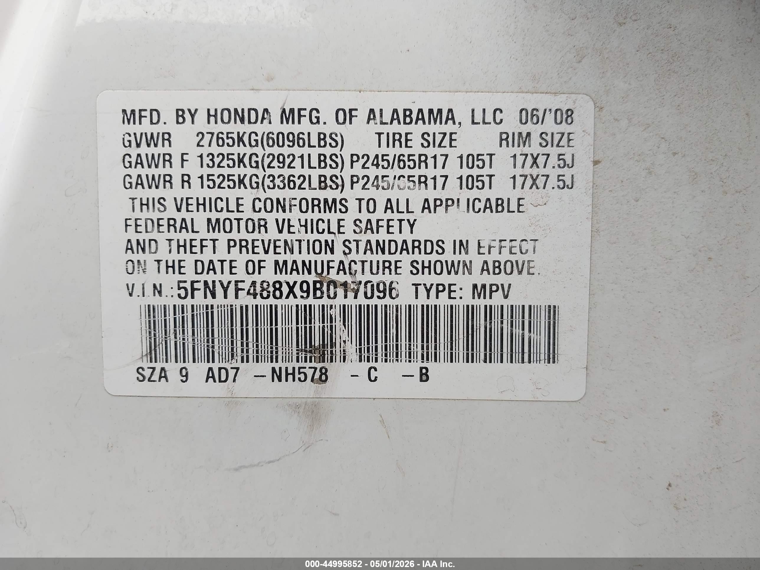 2009 Honda Pilot Touring White vin: 5FNYF488X9B017096