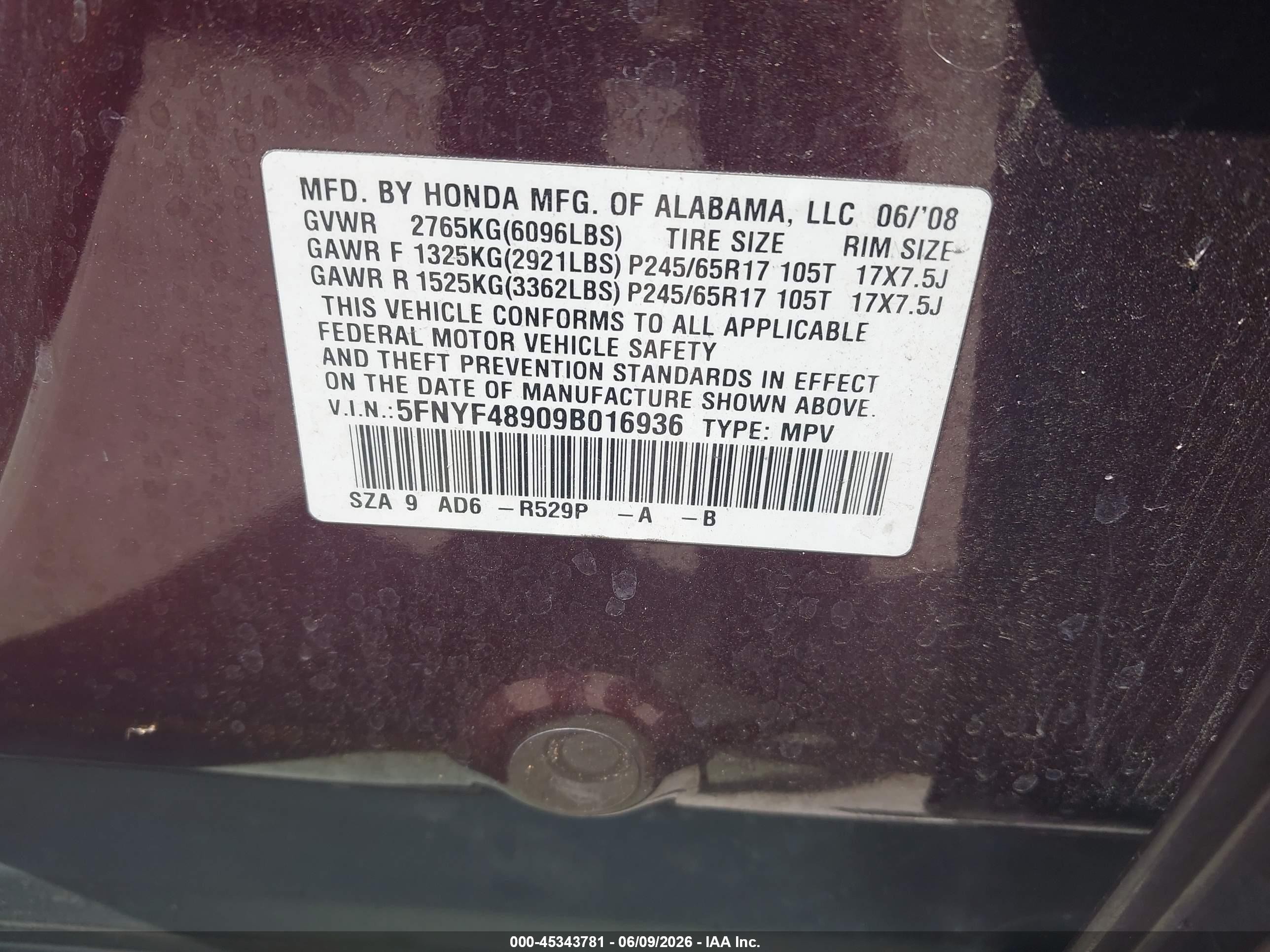 2009 Honda Pilot Touring Бордовый vin: 5FNYF48909B016936