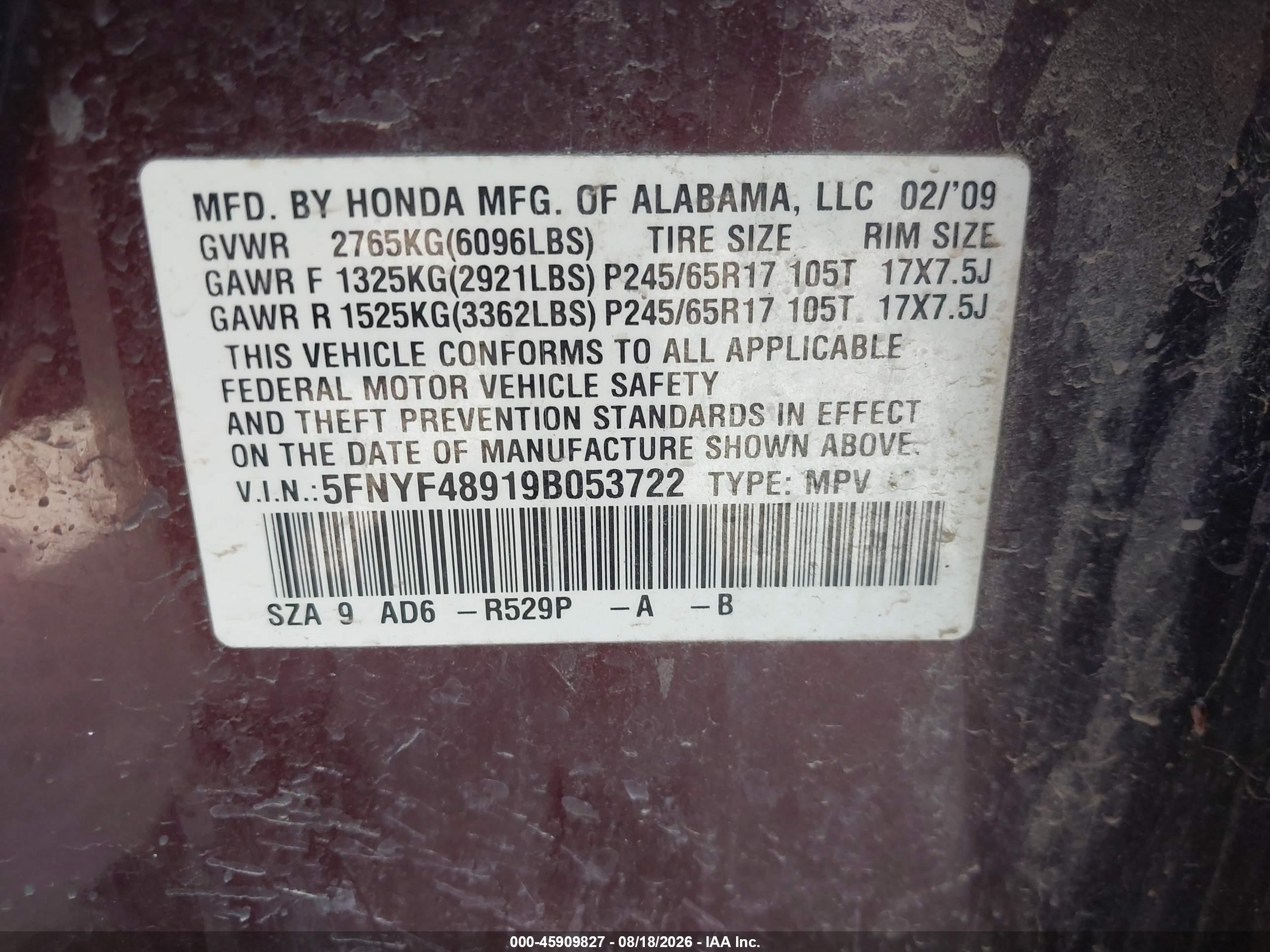 2009 Honda Pilot Touring Темно-бордовый vin: 5FNYF48919B053722