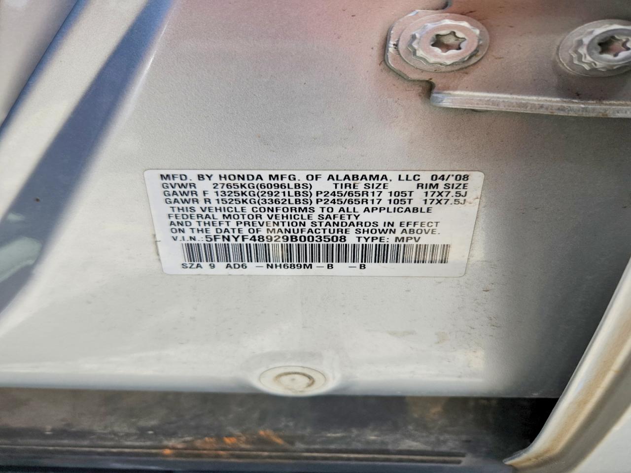2009 Honda Pilot Touring Silver vin: 5FNYF48929B003508