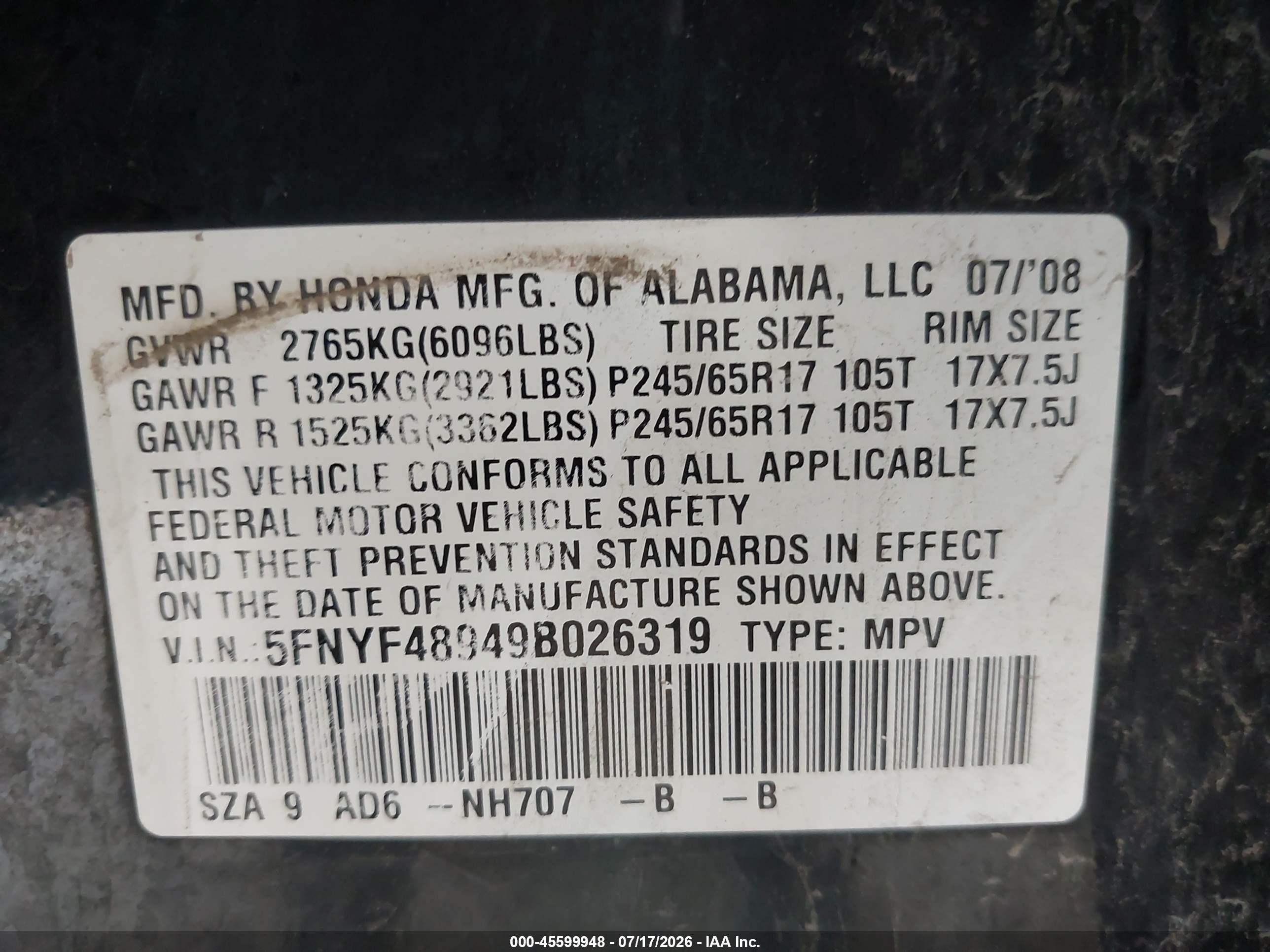 2009 Honda Pilot Touring Black vin: 5FNYF48949B026319