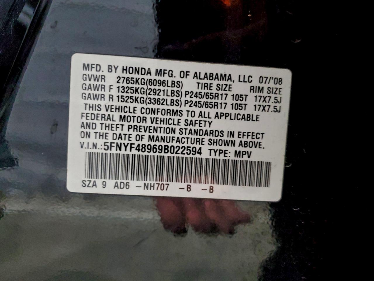 2009 Honda Pilot Black vin: 5FNYF48969B022594