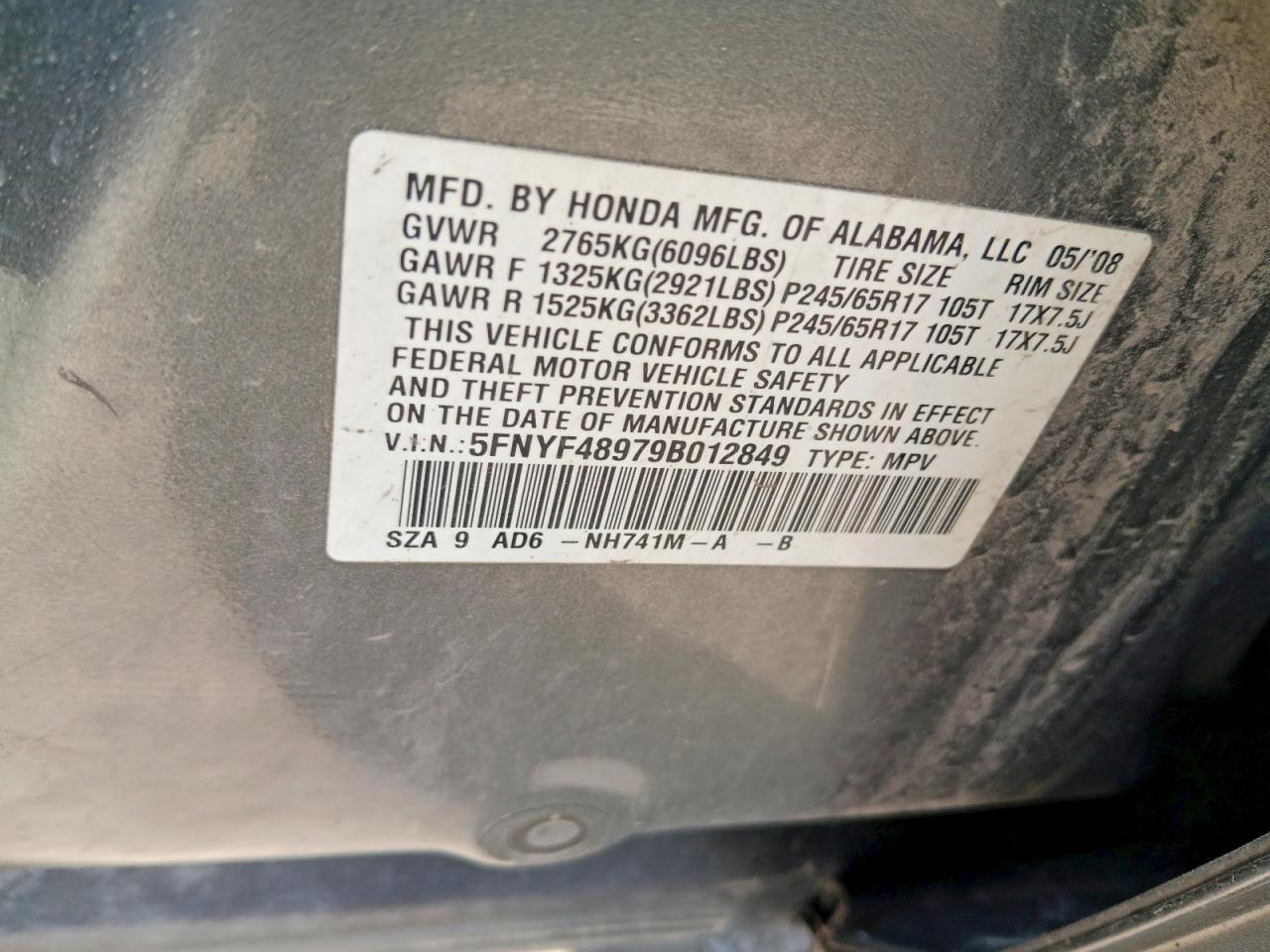 2009 Honda Pilot Touring Gray vin: 5FNYF48979B012849