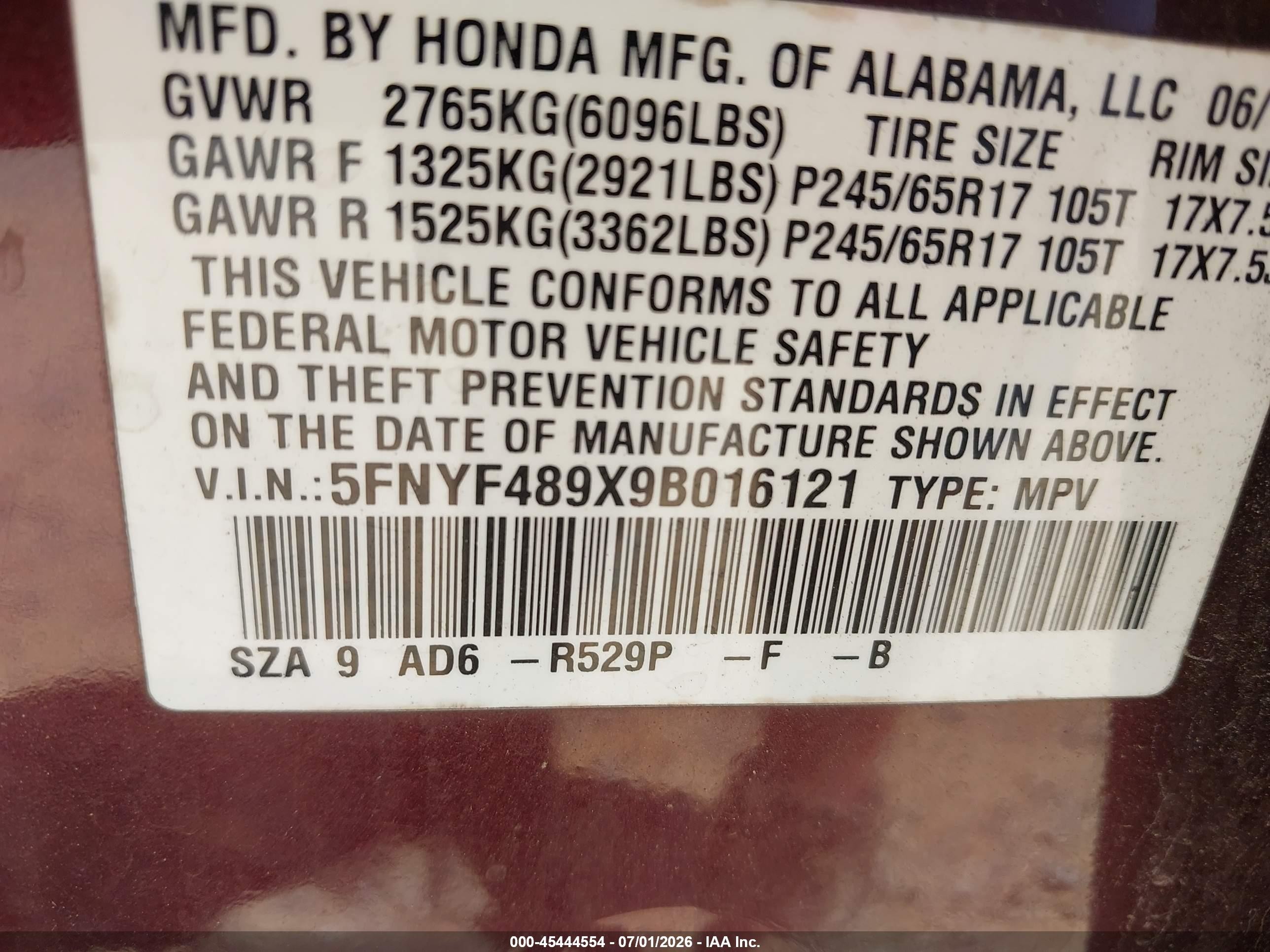 2009 Honda Pilot Touring Burgundy vin: 5FNYF489X9B016121