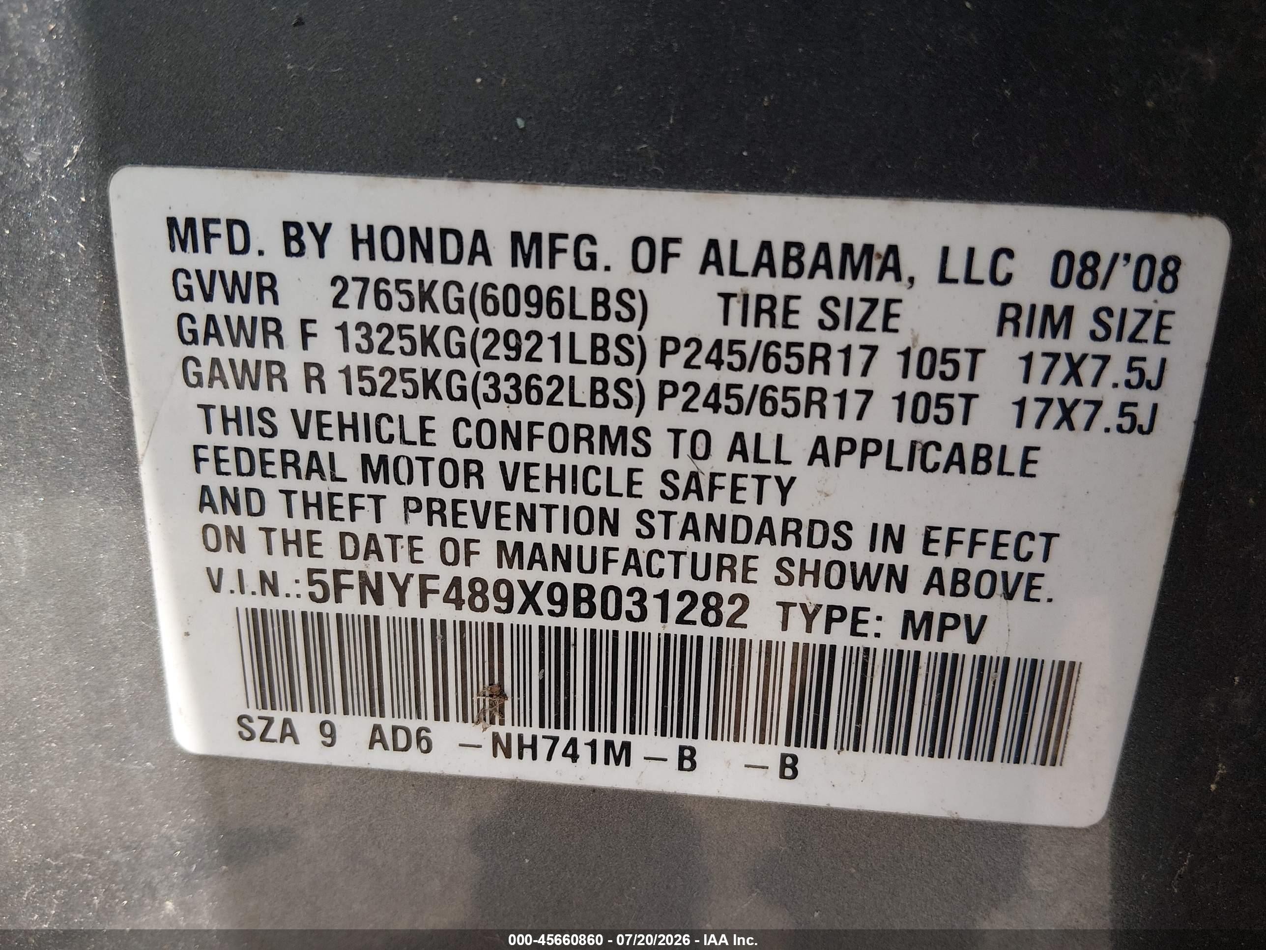 2009 Honda Pilot Touring Gray vin: 5FNYF489X9B031282