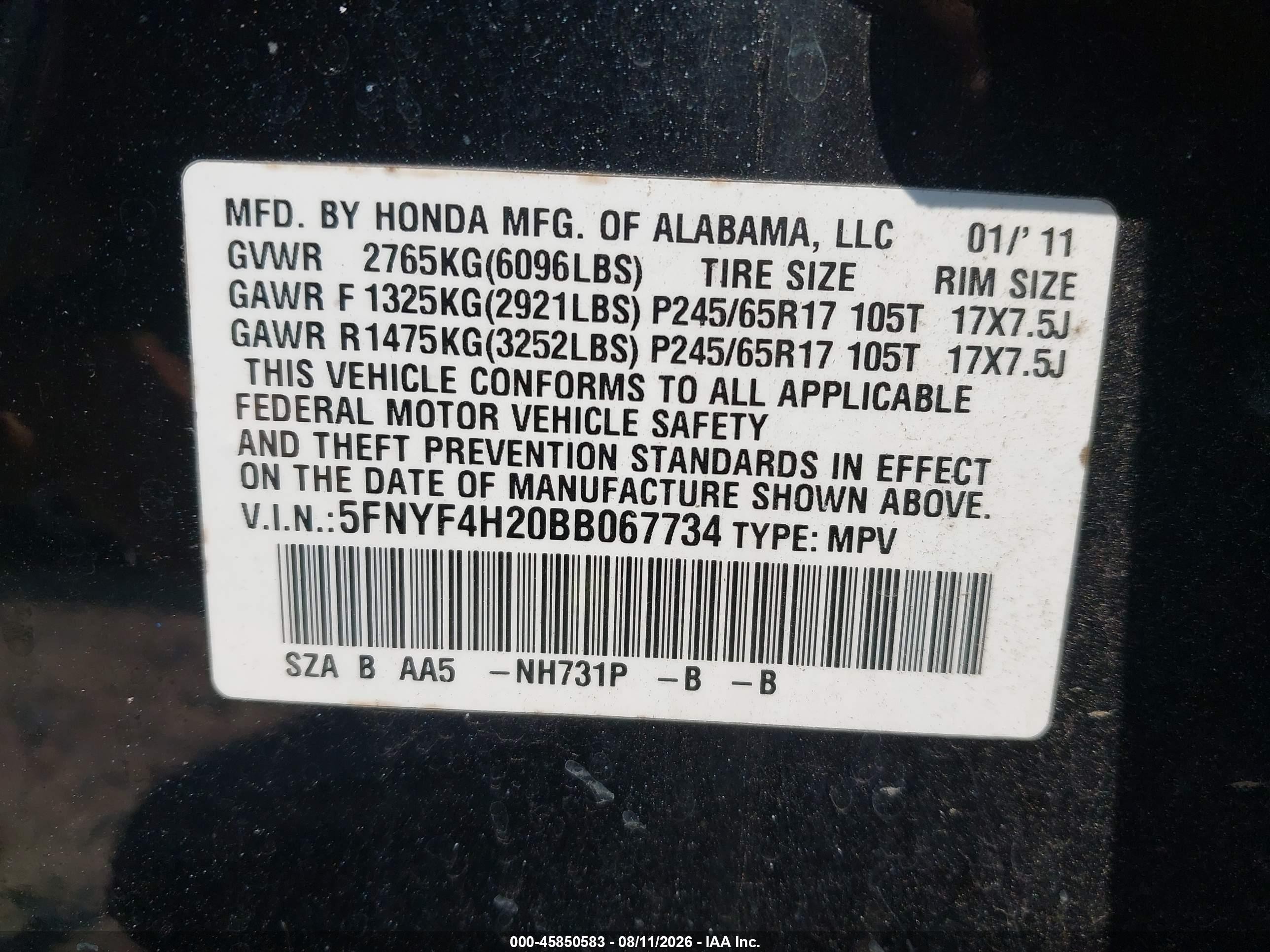 2011 Honda Pilot Lx Black vin: 5FNYF4H20BB067734