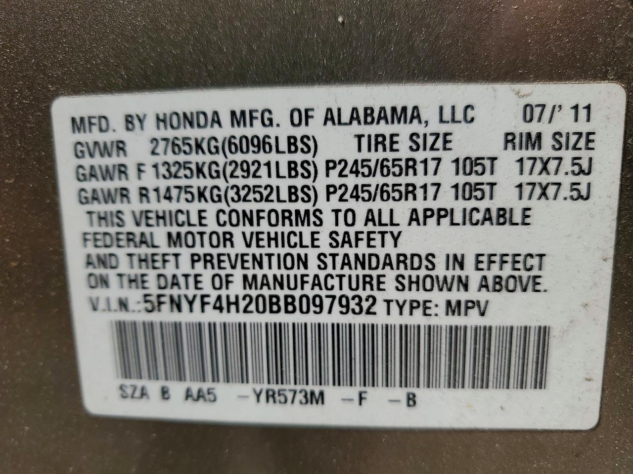 2011 Honda Pilot Lx Tan vin: 5FNYF4H20BB097932