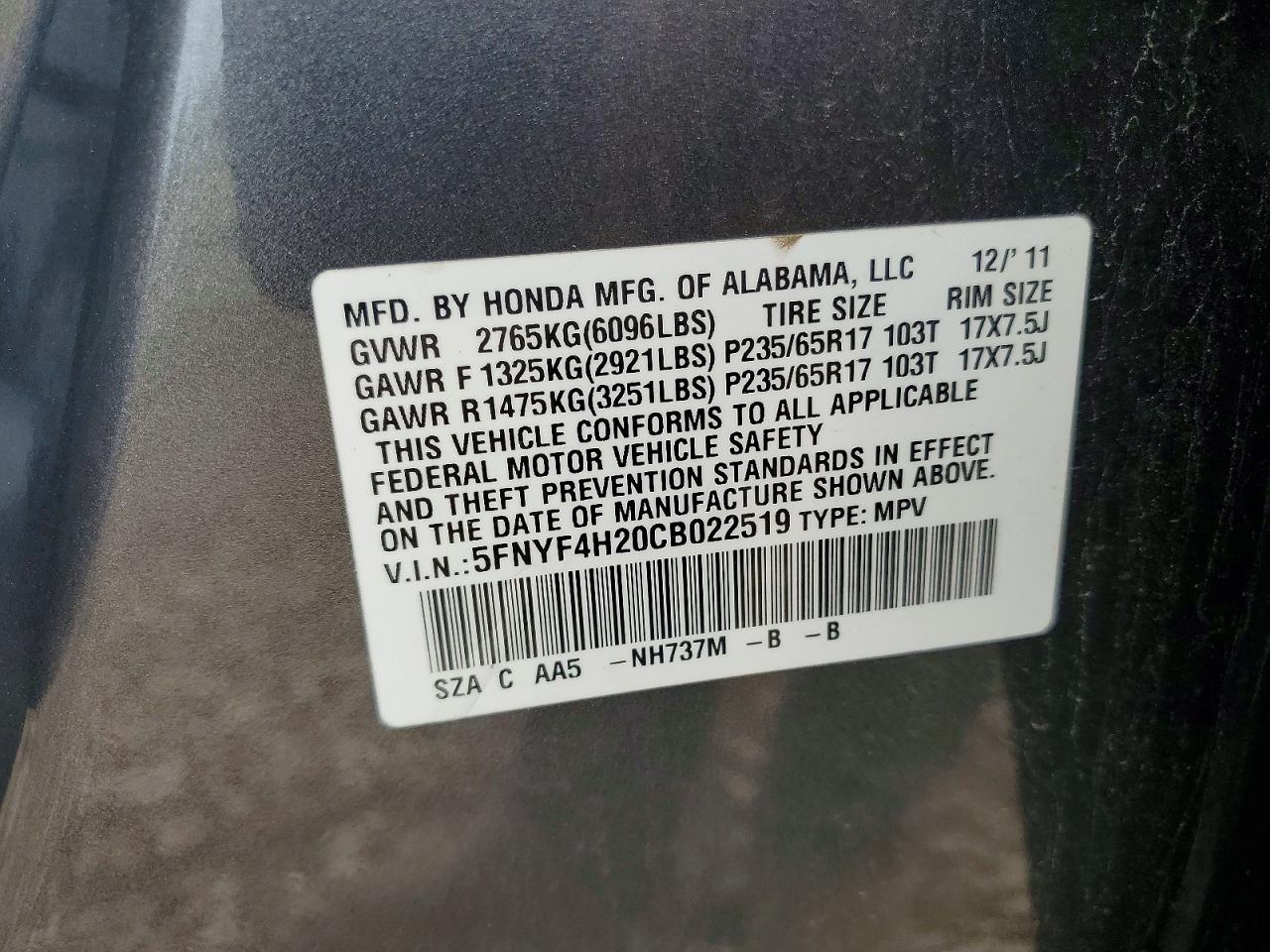 2012 Honda Pilot Lx Charcoal vin: 5FNYF4H20CB022519