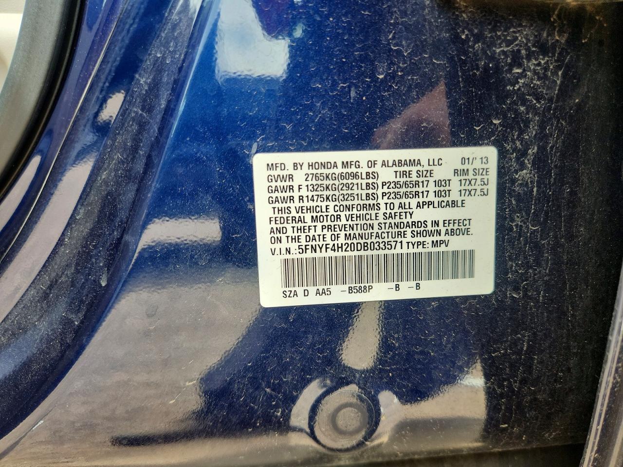 2013 Honda Pilot Lx Blue vin: 5FNYF4H20DB033571