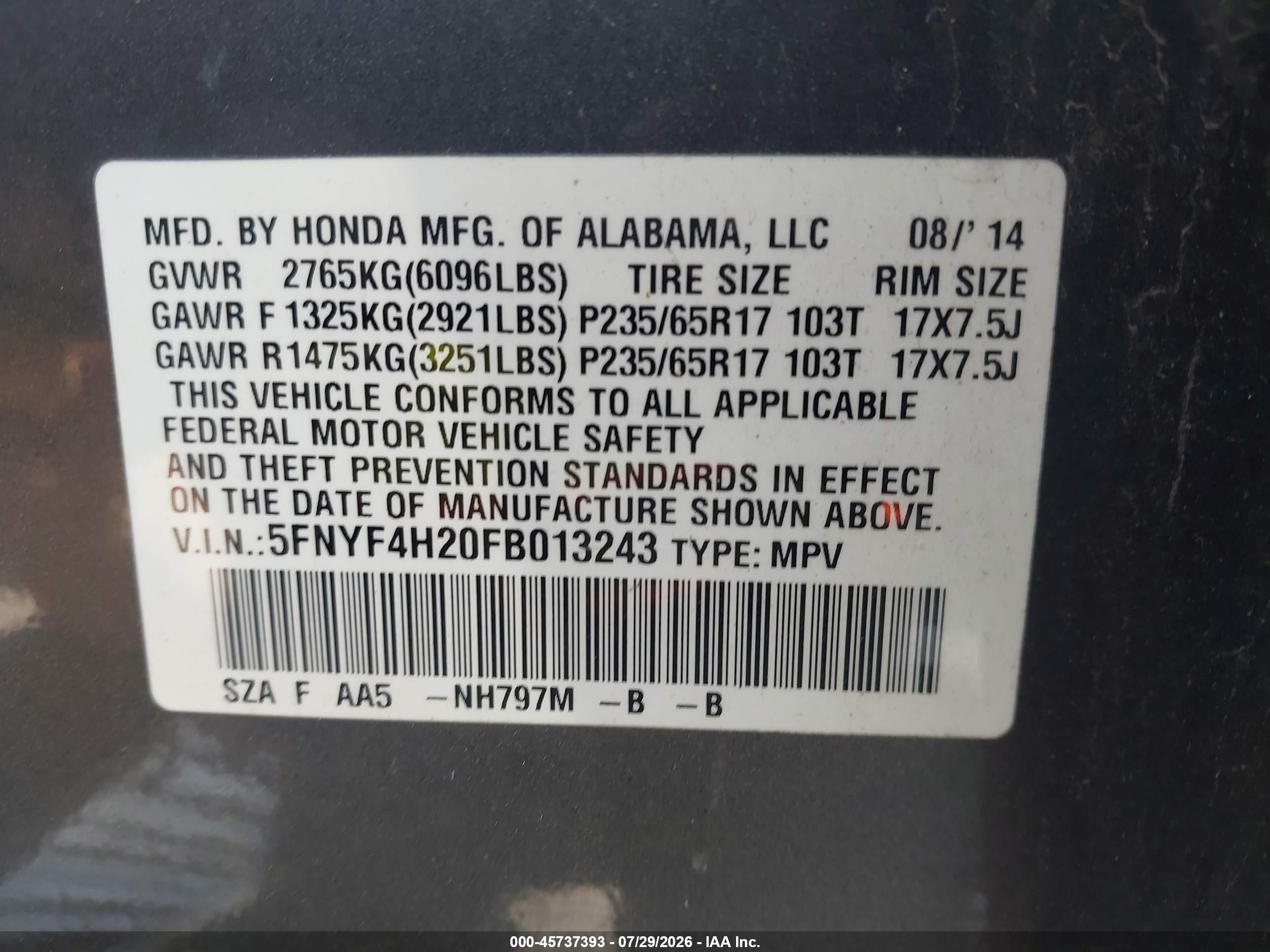 2015 Honda Pilot Lx Серый vin: 5FNYF4H20FB013243