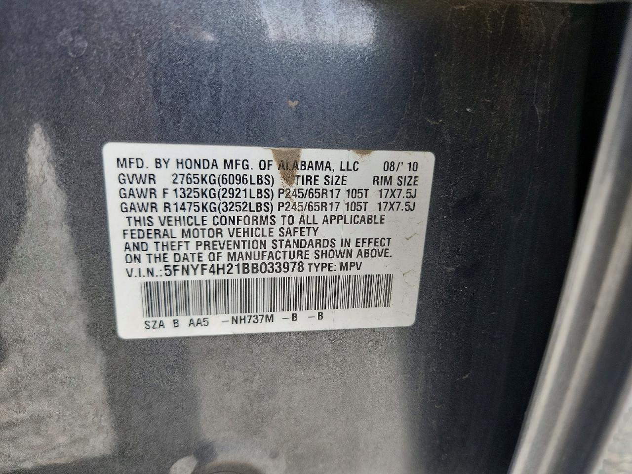 2011 Honda Pilot Lx Gray vin: 5FNYF4H21BB033978