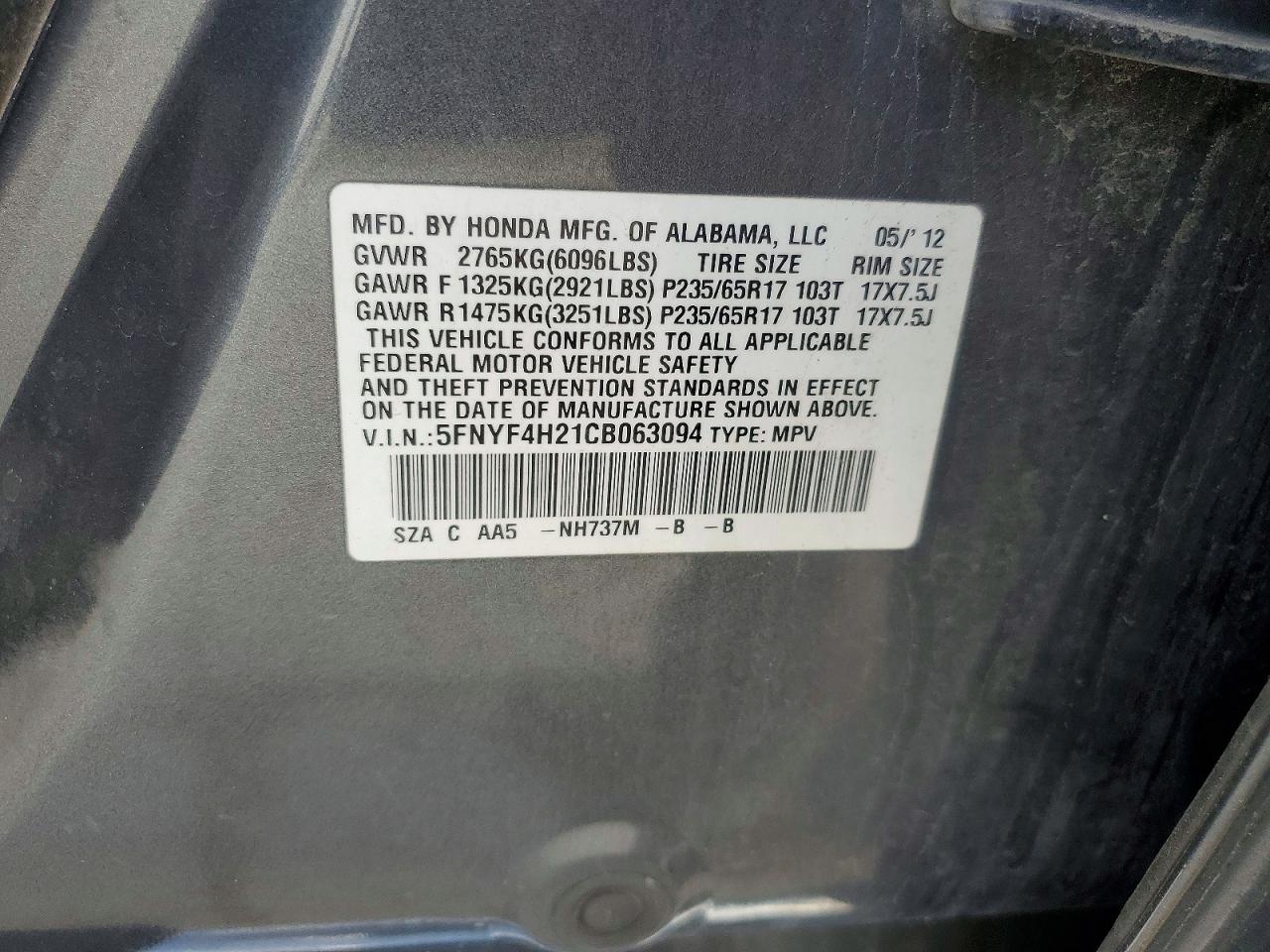 2012 Honda Pilot Lx Gray vin: 5FNYF4H21CB063094