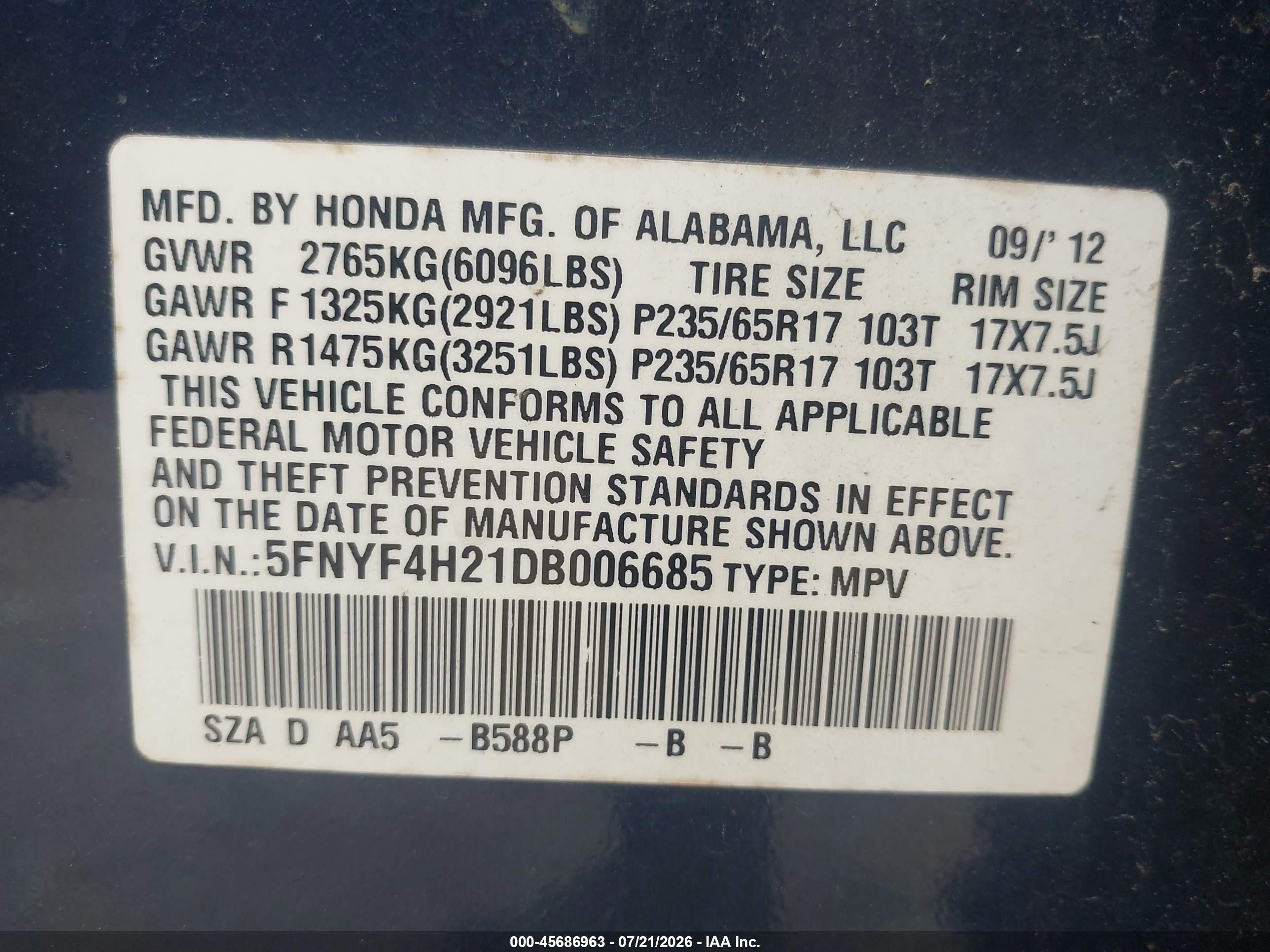 2013 Honda Pilot Lx Dark Blue vin: 5FNYF4H21DB006685