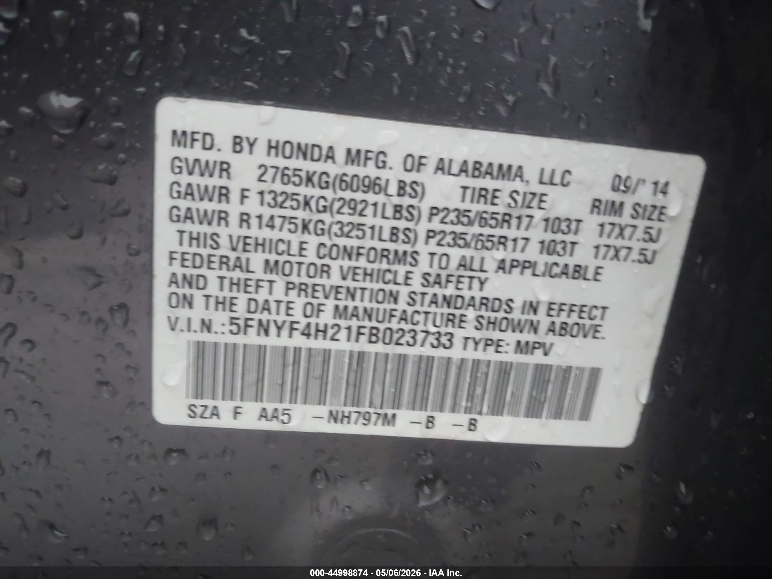 2015 Honda Pilot Lx Серый vin: 5FNYF4H21FB023733