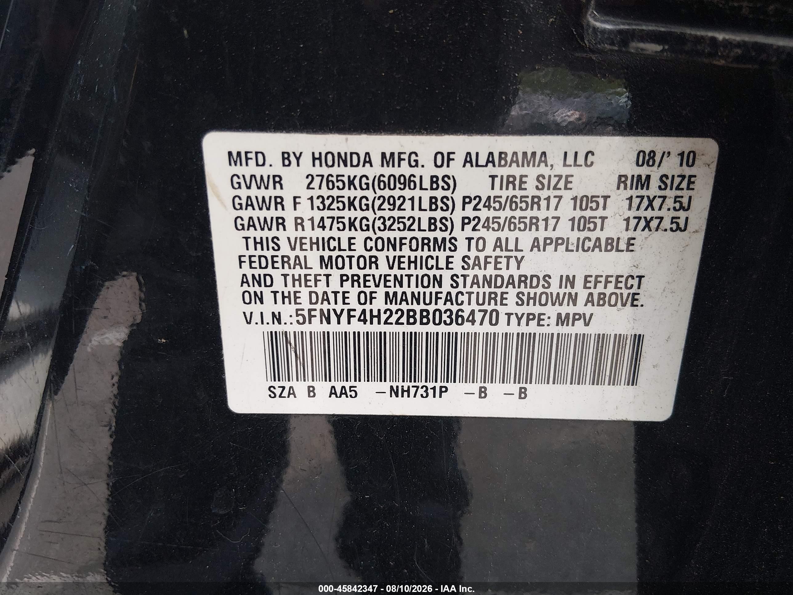 2011 Honda Pilot Lx Black vin: 5FNYF4H22BB036470