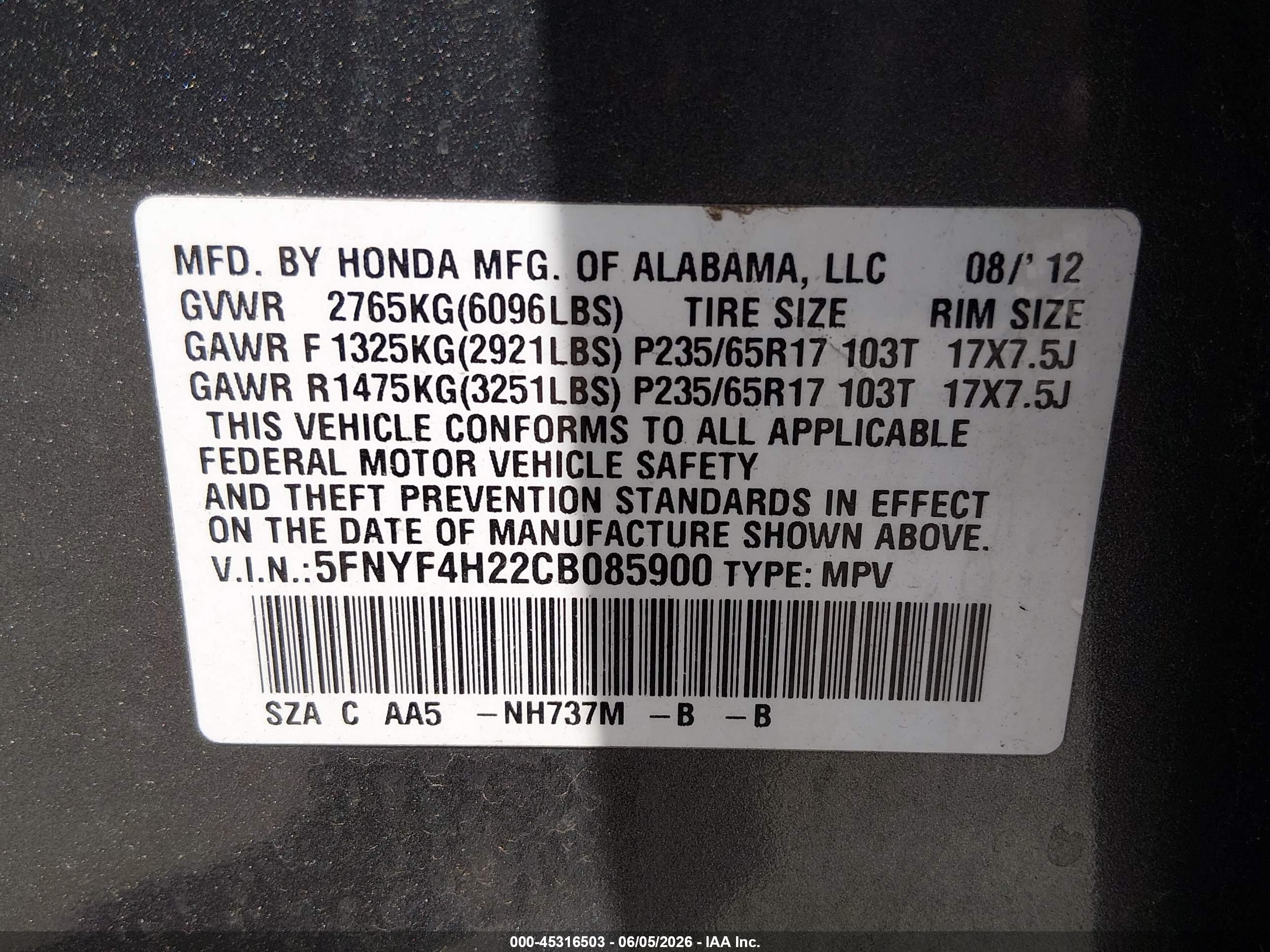 2012 Honda Pilot Lx Gray vin: 5FNYF4H22CB085900