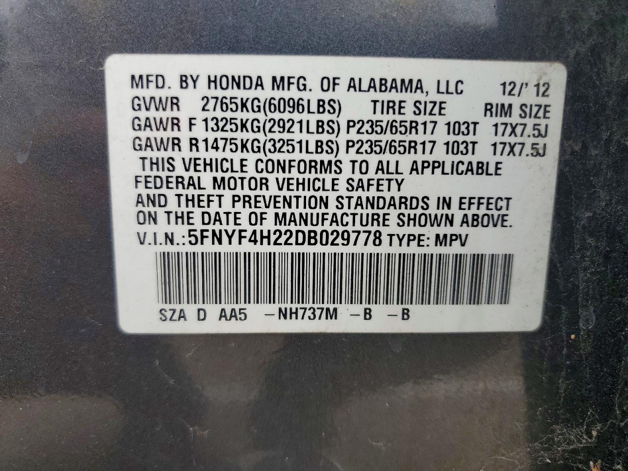 2013 Honda Pilot Lx Gray vin: 5FNYF4H22DB029778