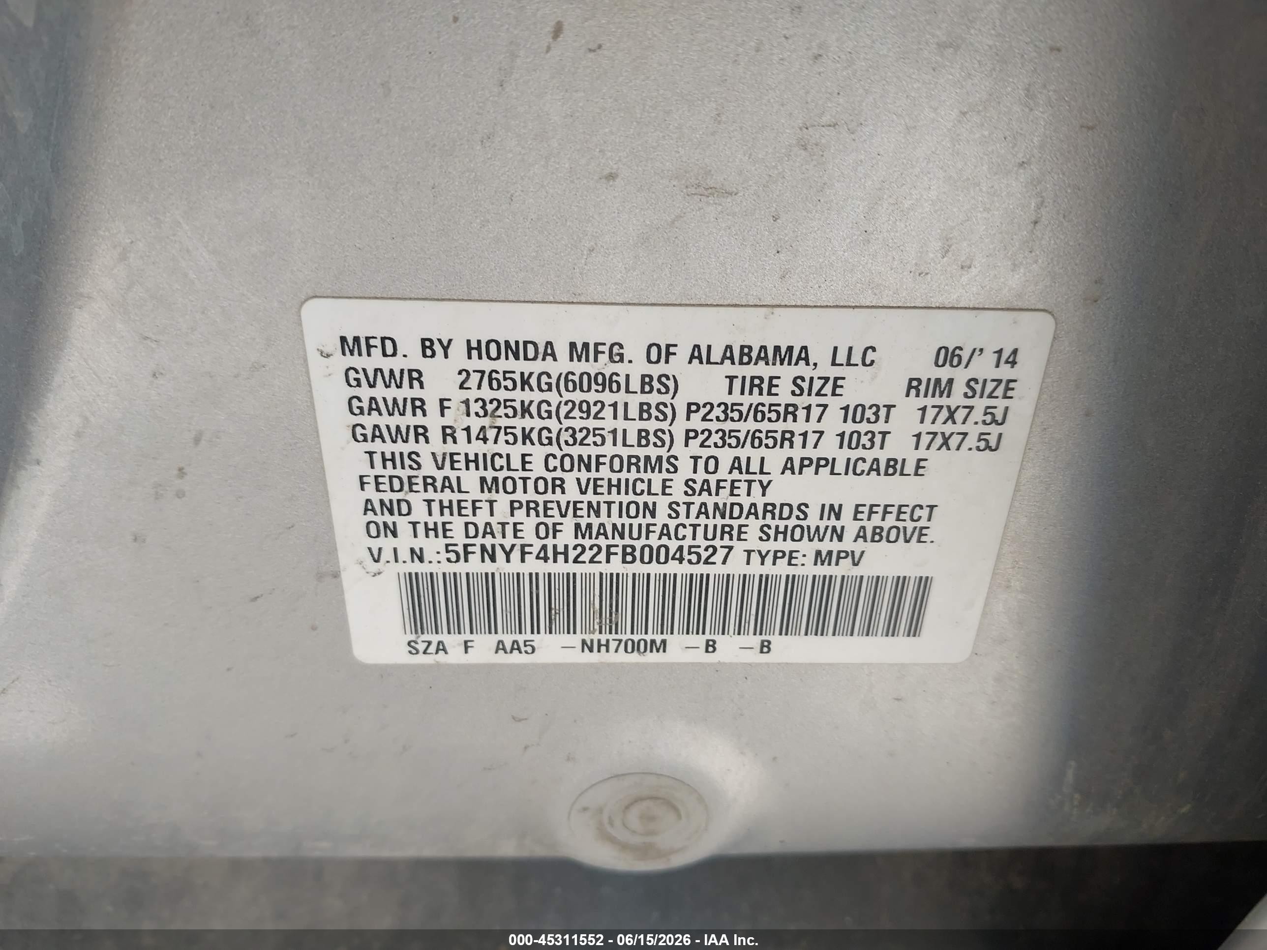 2015 Honda Pilot Lx Silver vin: 5FNYF4H22FB004527