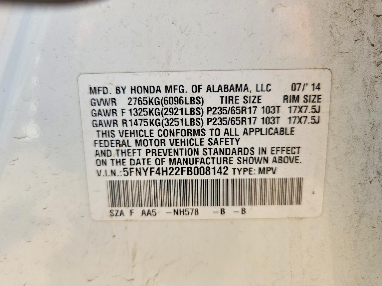 2015 Honda Pilot Lx Белый vin: 5FNYF4H22FB008142