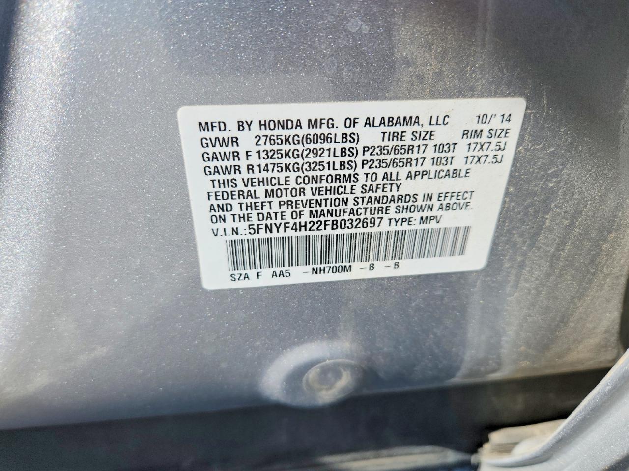 2015 Honda Pilot Lx Серебряный vin: 5FNYF4H22FB032697