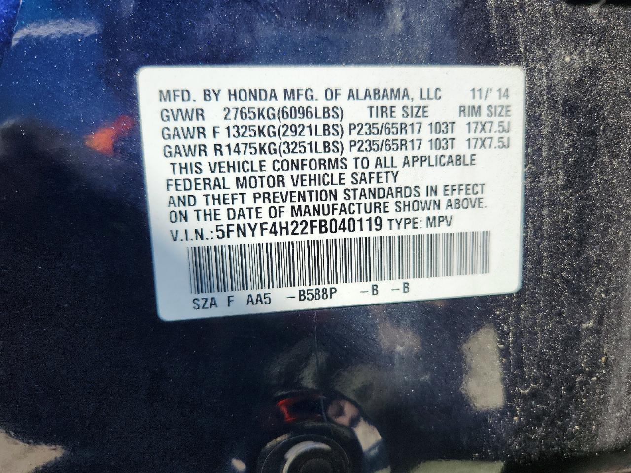 2015 Honda Pilot Lx Blue vin: 5FNYF4H22FB040119