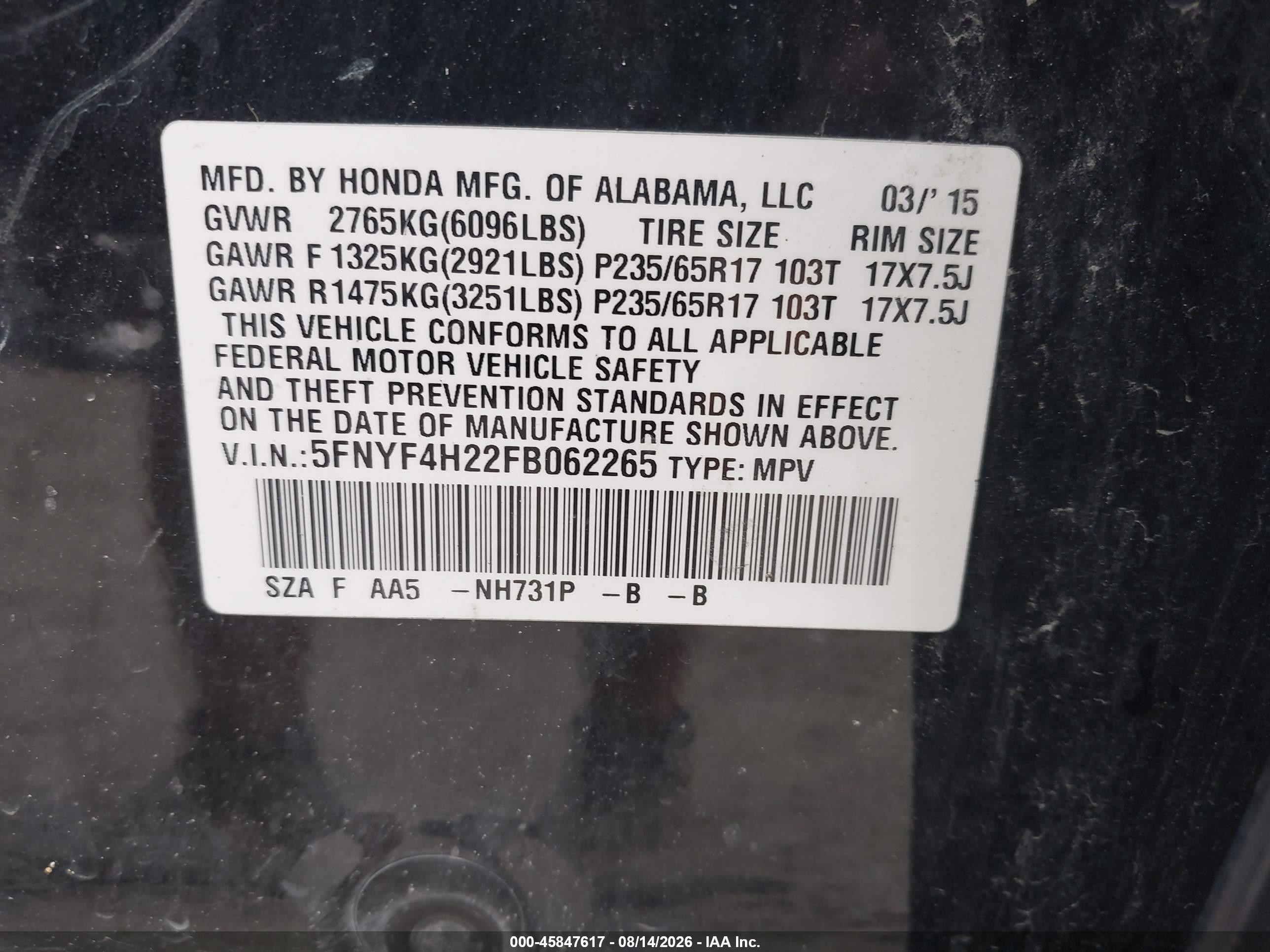 2015 Honda Pilot Lx Black vin: 5FNYF4H22FB062265