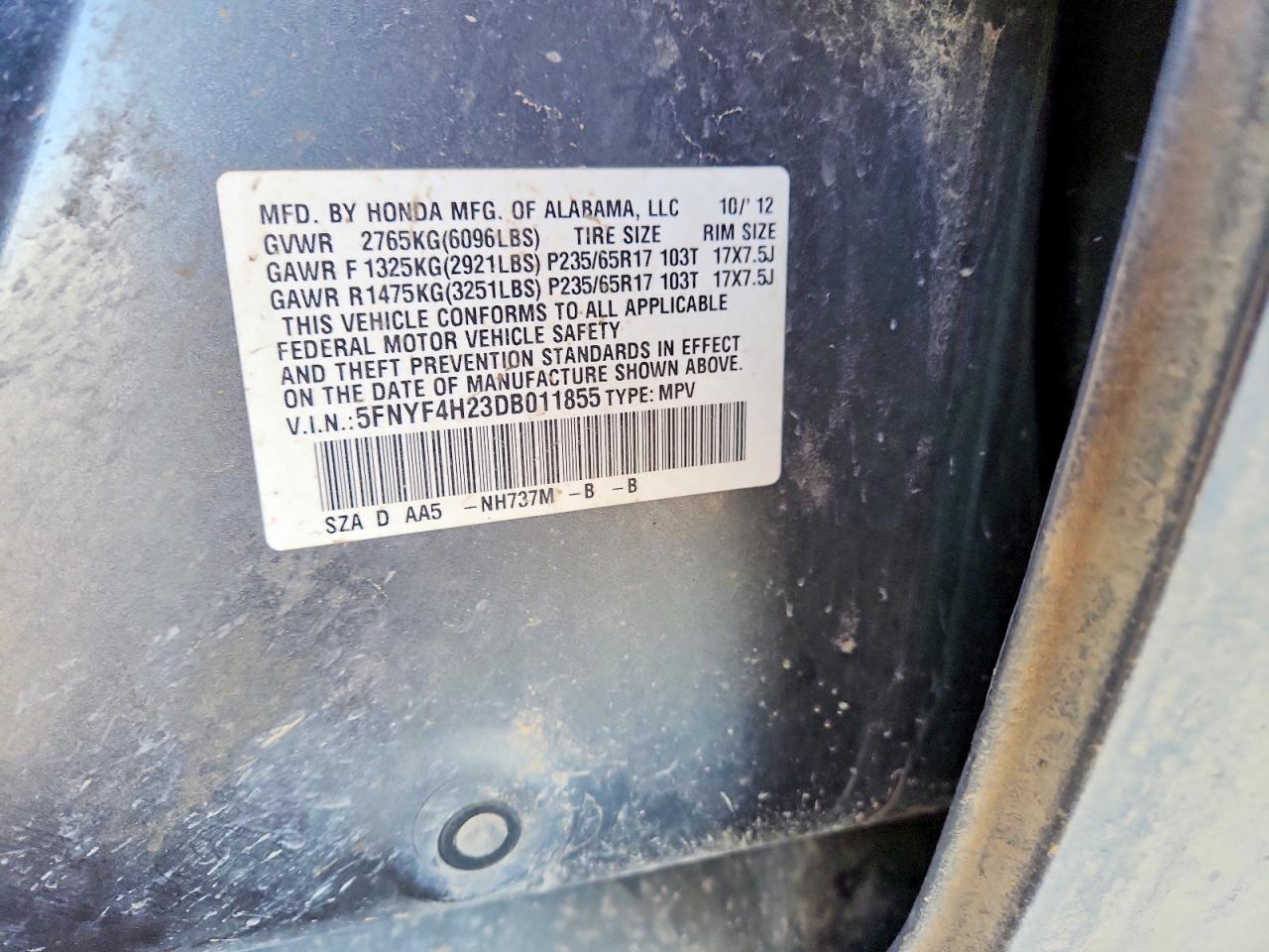 2013 Honda Pilot Lx Gray vin: 5FNYF4H23DB011855