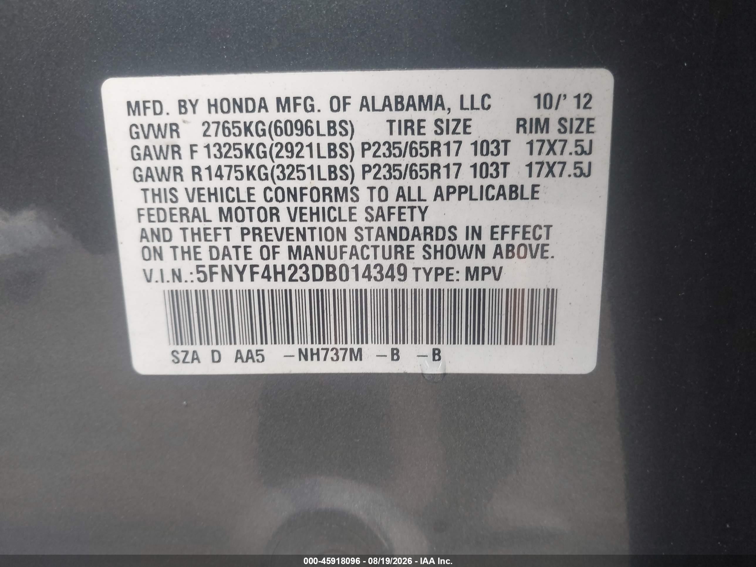 2013 Honda Pilot Lx Gray vin: 5FNYF4H23DB014349