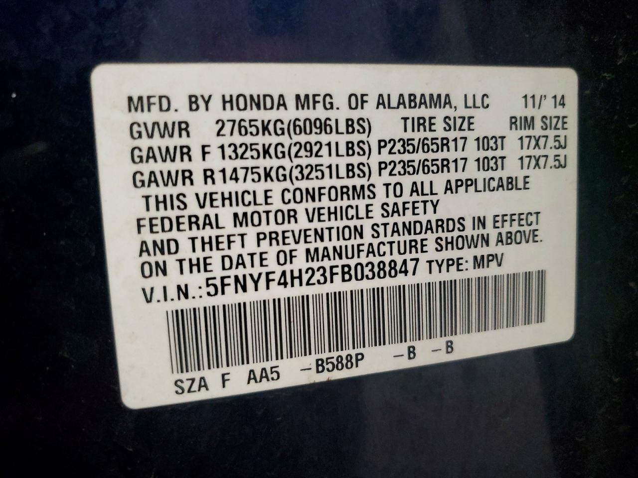 2015 Honda Pilot Lx Blue vin: 5FNYF4H23FB038847