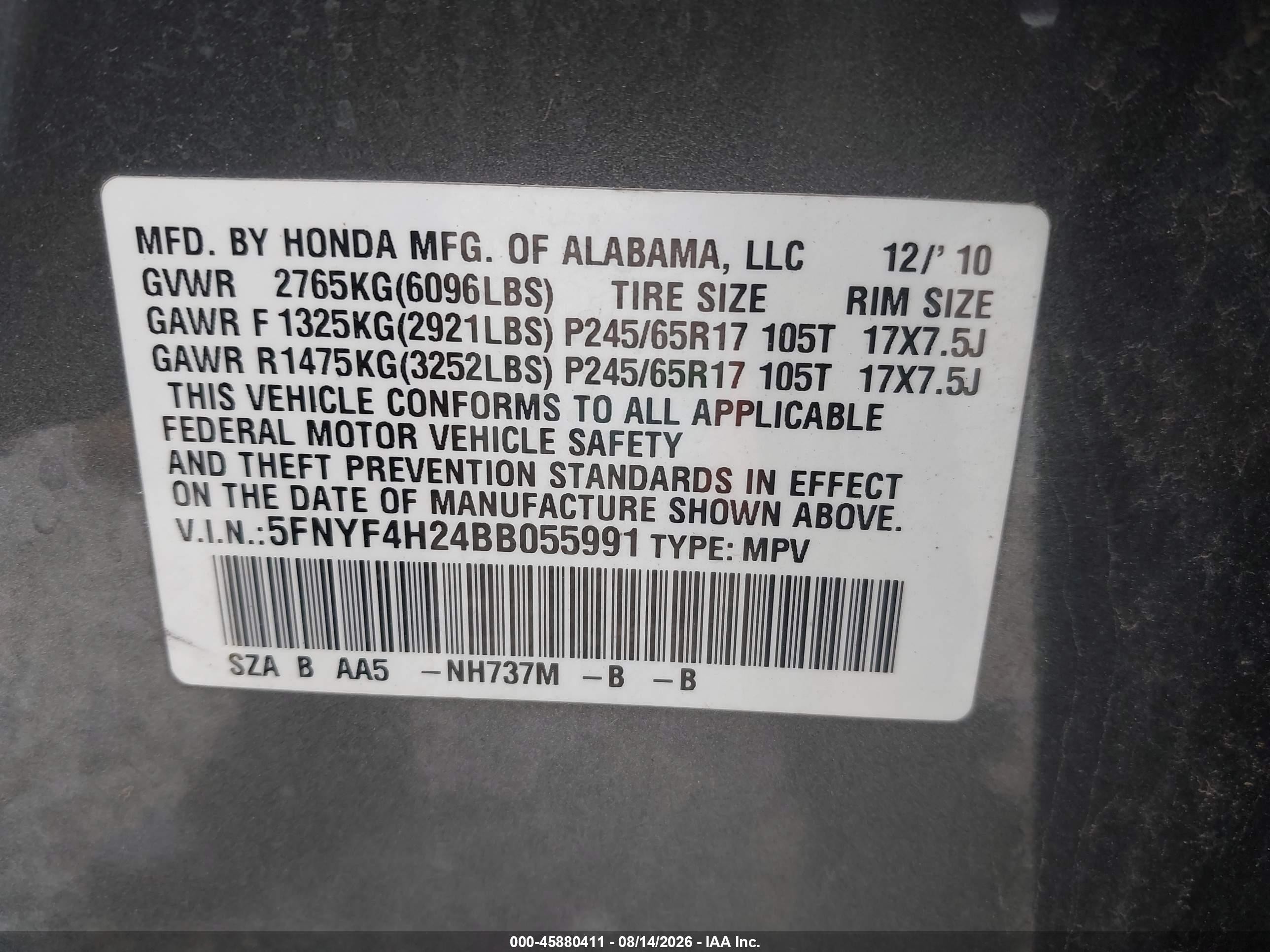 2011 Honda Pilot Lx Gray vin: 5FNYF4H24BB055991