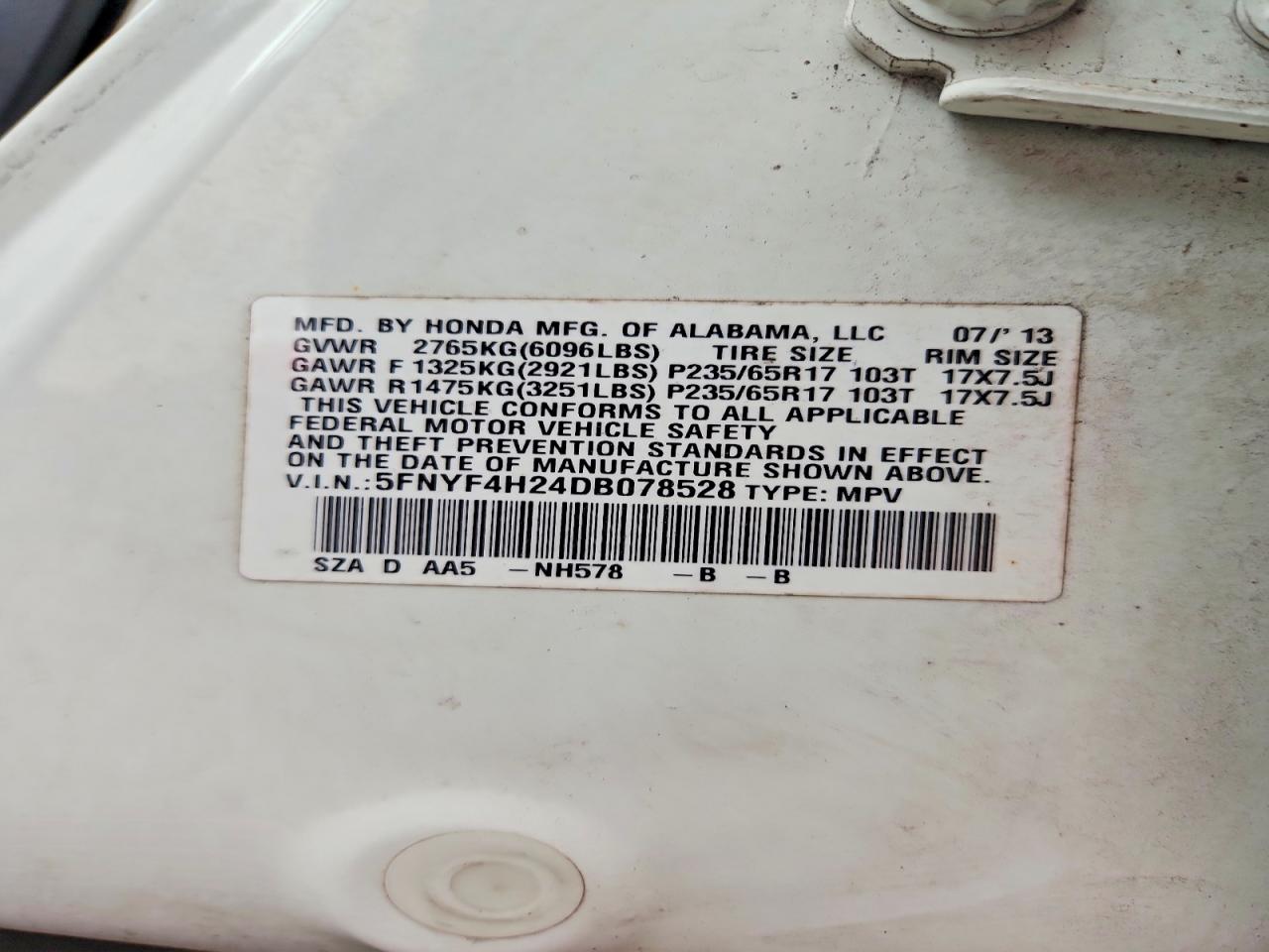 2013 Honda Pilot Lx White vin: 5FNYF4H24DB078528