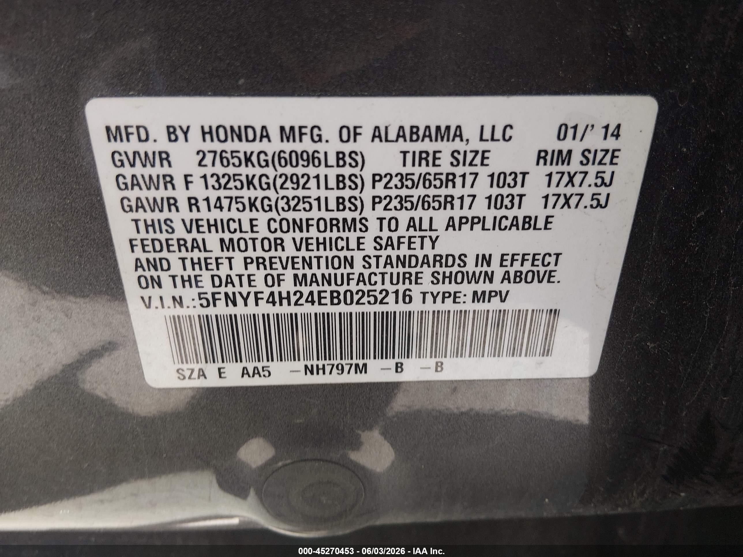 2014 Honda Pilot Lx Gray vin: 5FNYF4H24EB025216