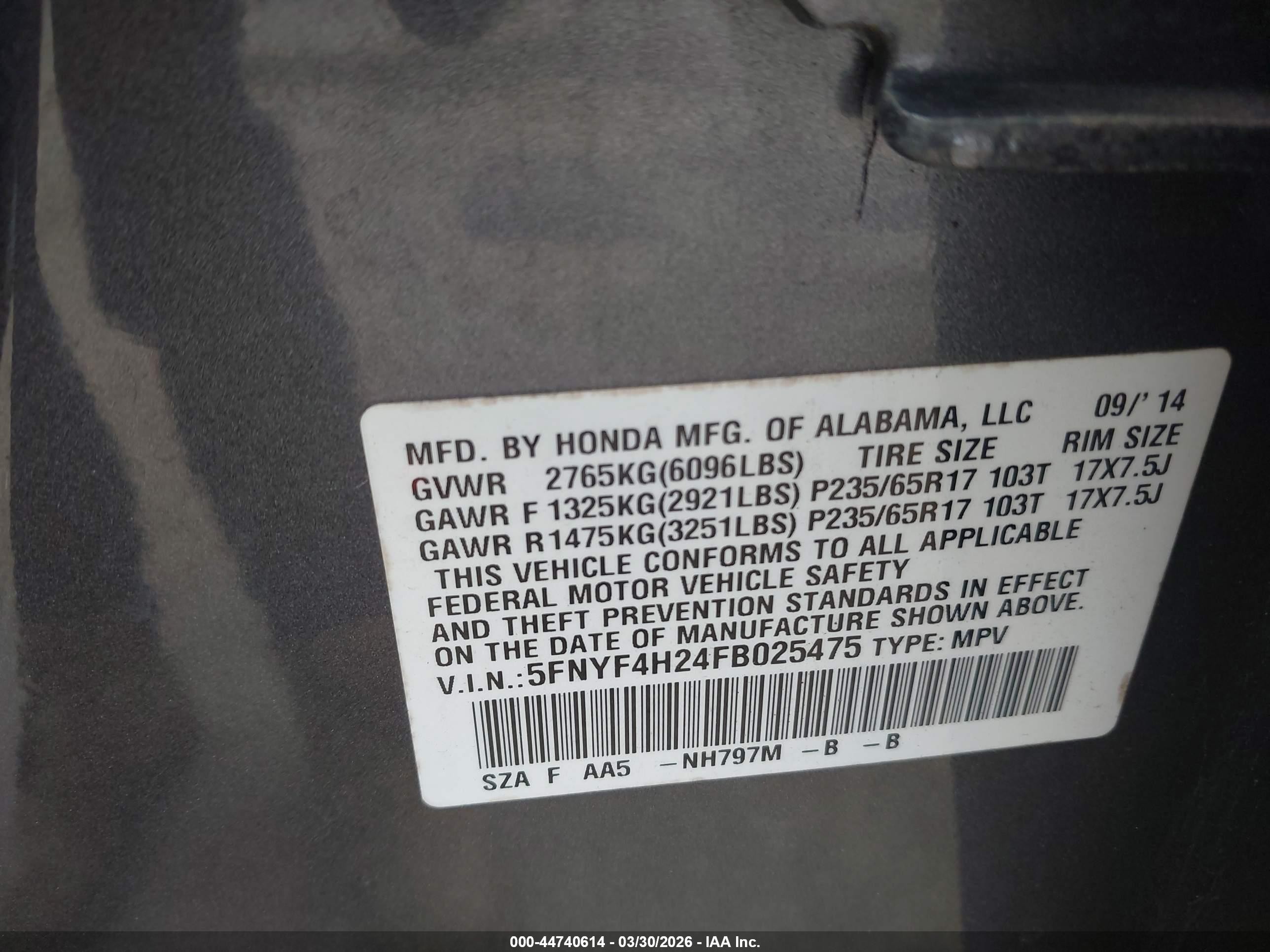 2015 Honda Pilot Lx Gray vin: 5FNYF4H24FB025475