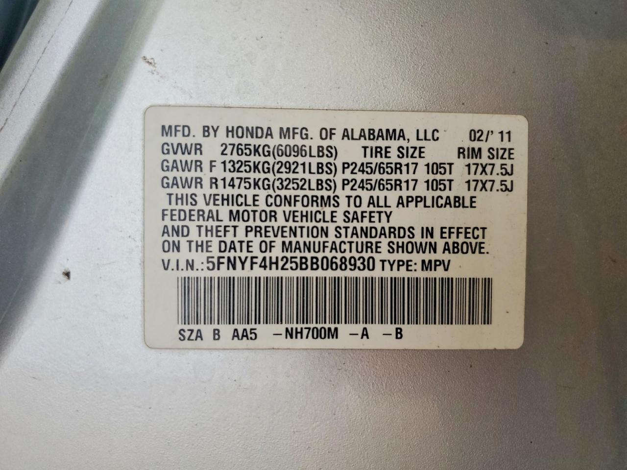 2011 Honda Pilot Lx Silver vin: 5FNYF4H25BB068930