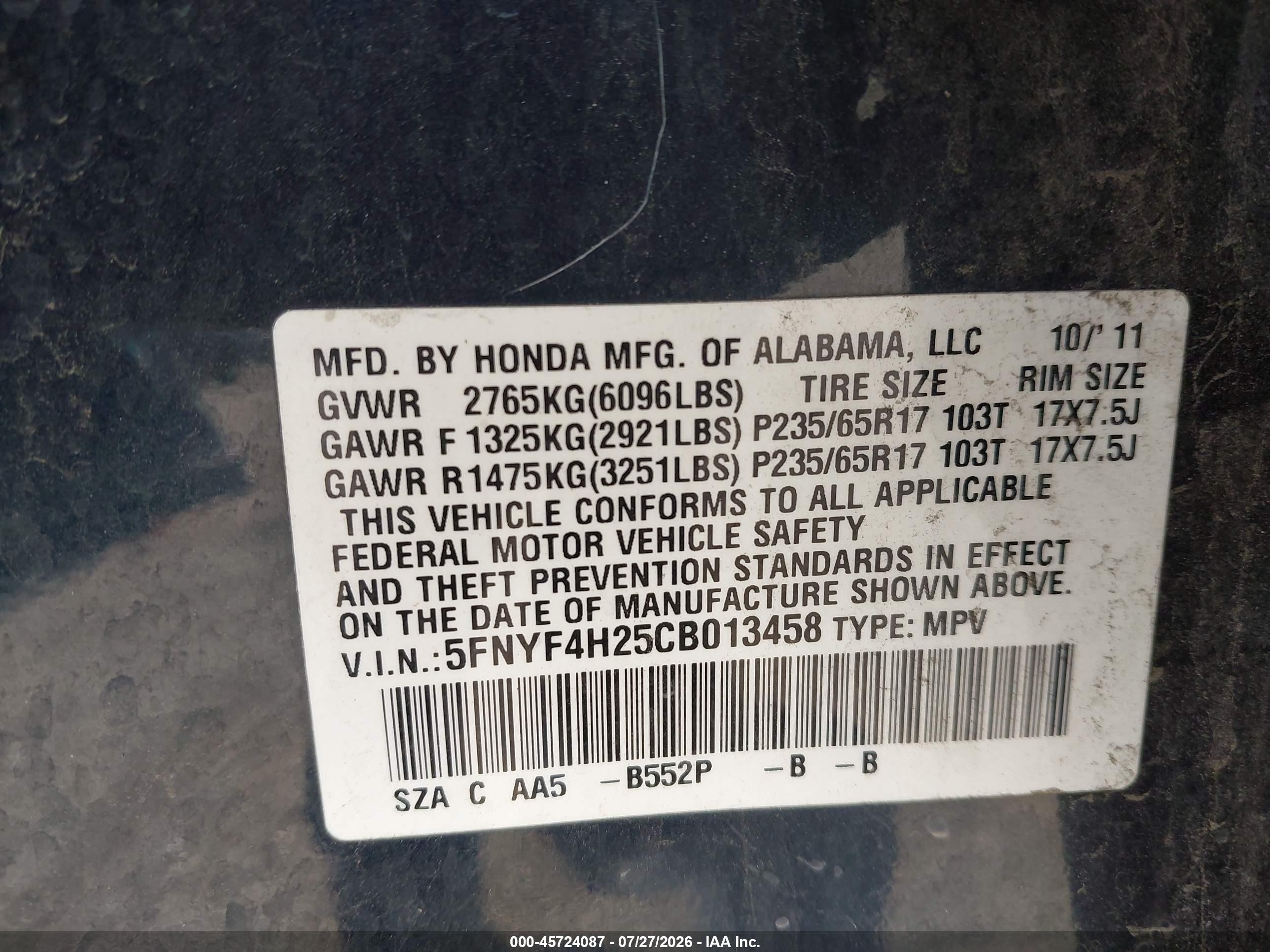 2012 Honda Pilot Lx Blue vin: 5FNYF4H25CB013458