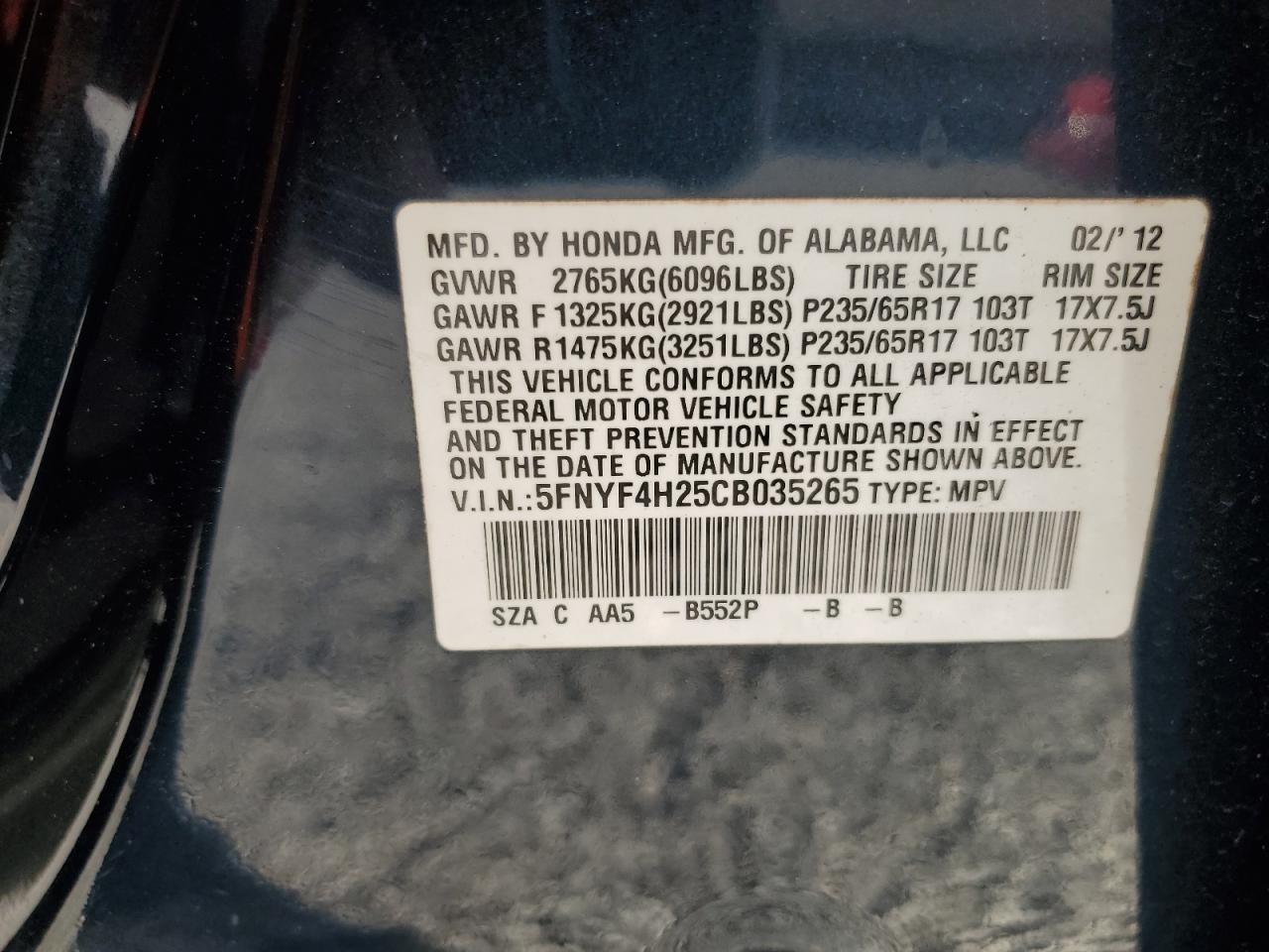 2012 Honda Pilot Lx Charcoal vin: 5FNYF4H25CB035265