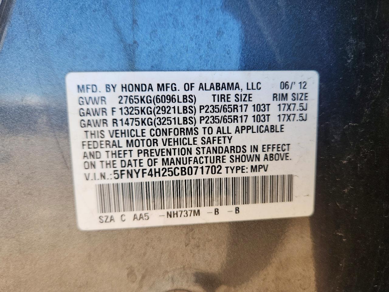 2012 Honda Pilot Lx Gray vin: 5FNYF4H25CB071702