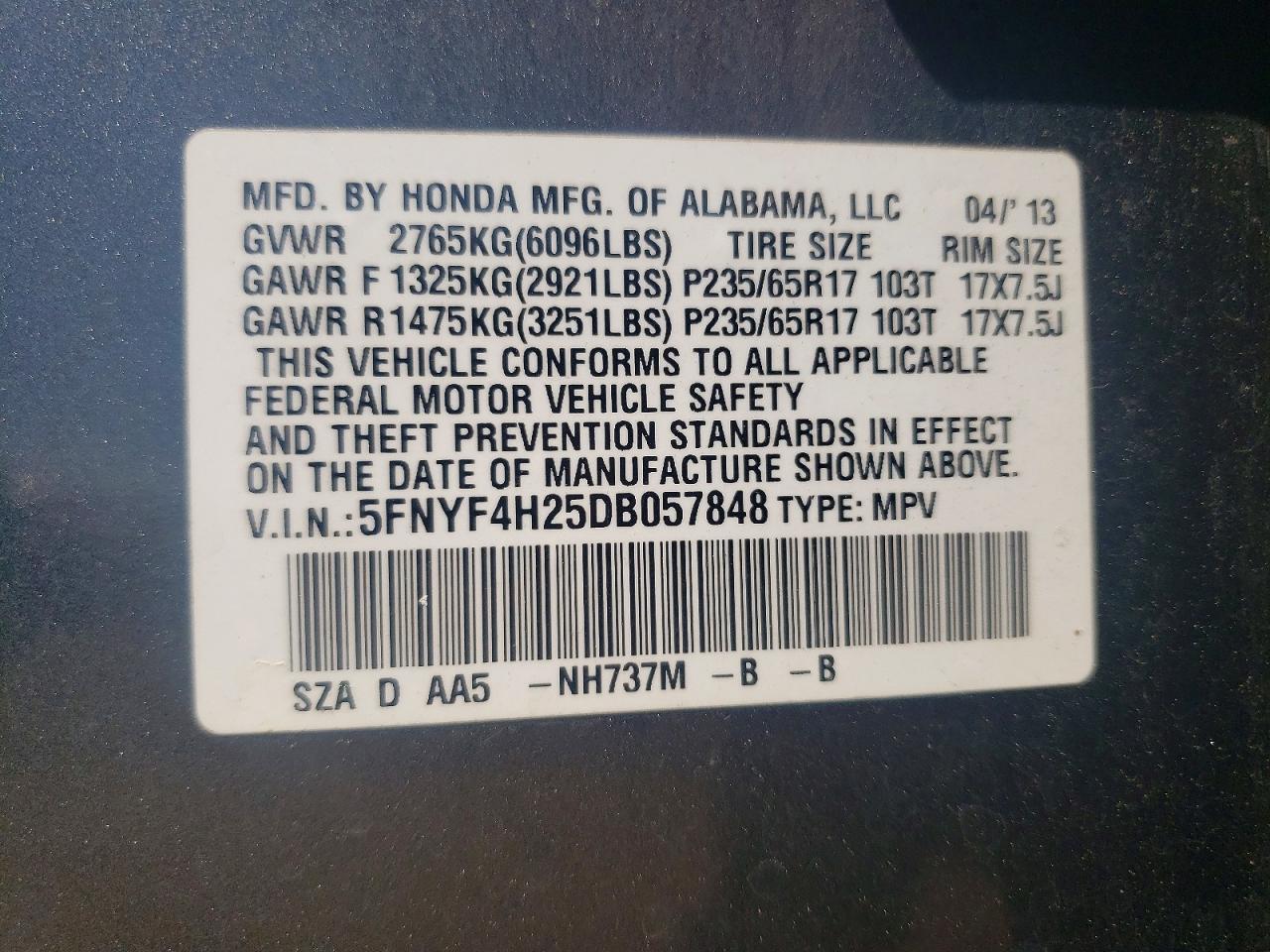 2013 Honda Pilot Lx Gray vin: 5FNYF4H25DB057848