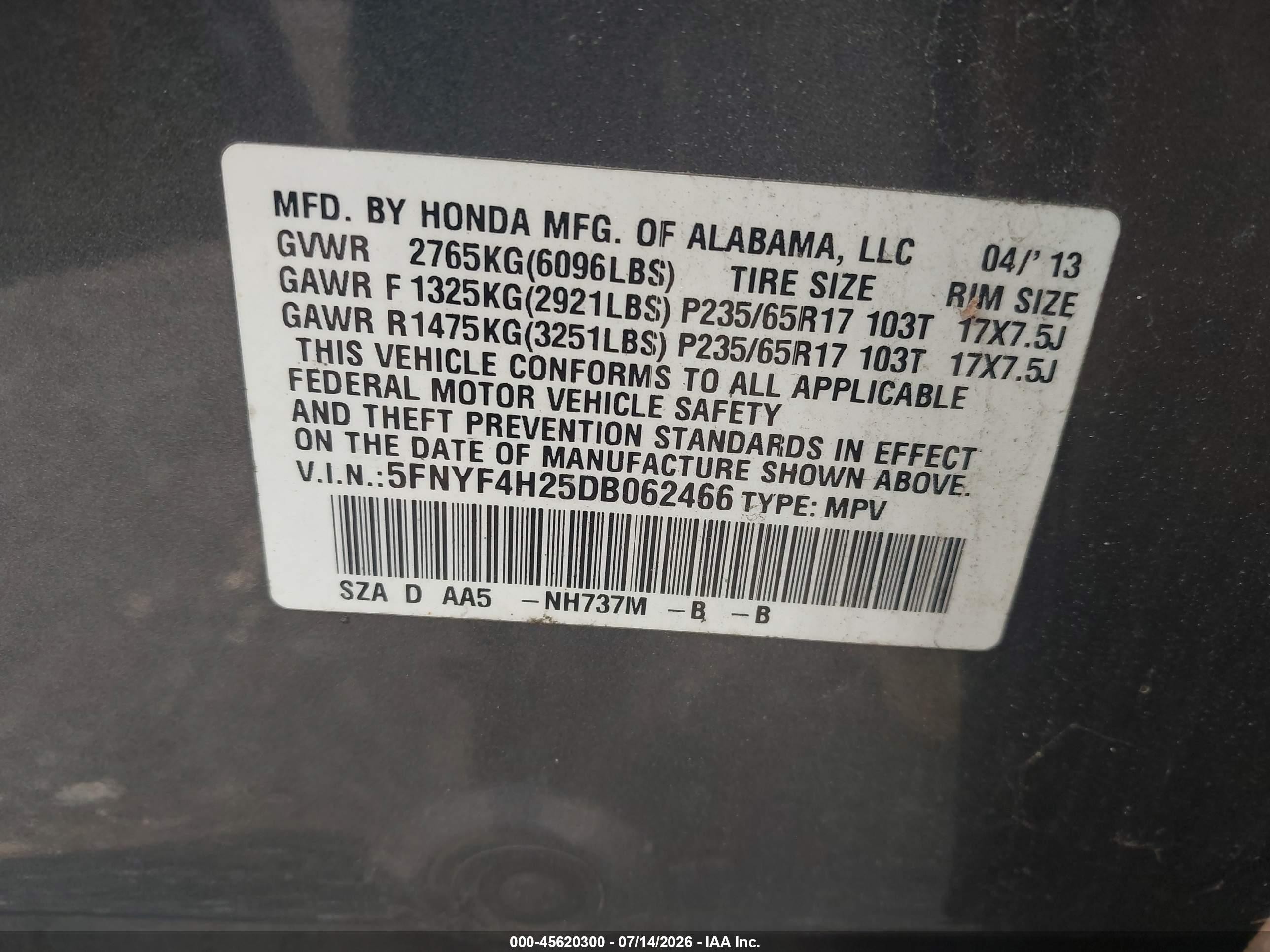 2013 Honda Pilot Lx Gray vin: 5FNYF4H25DB062466