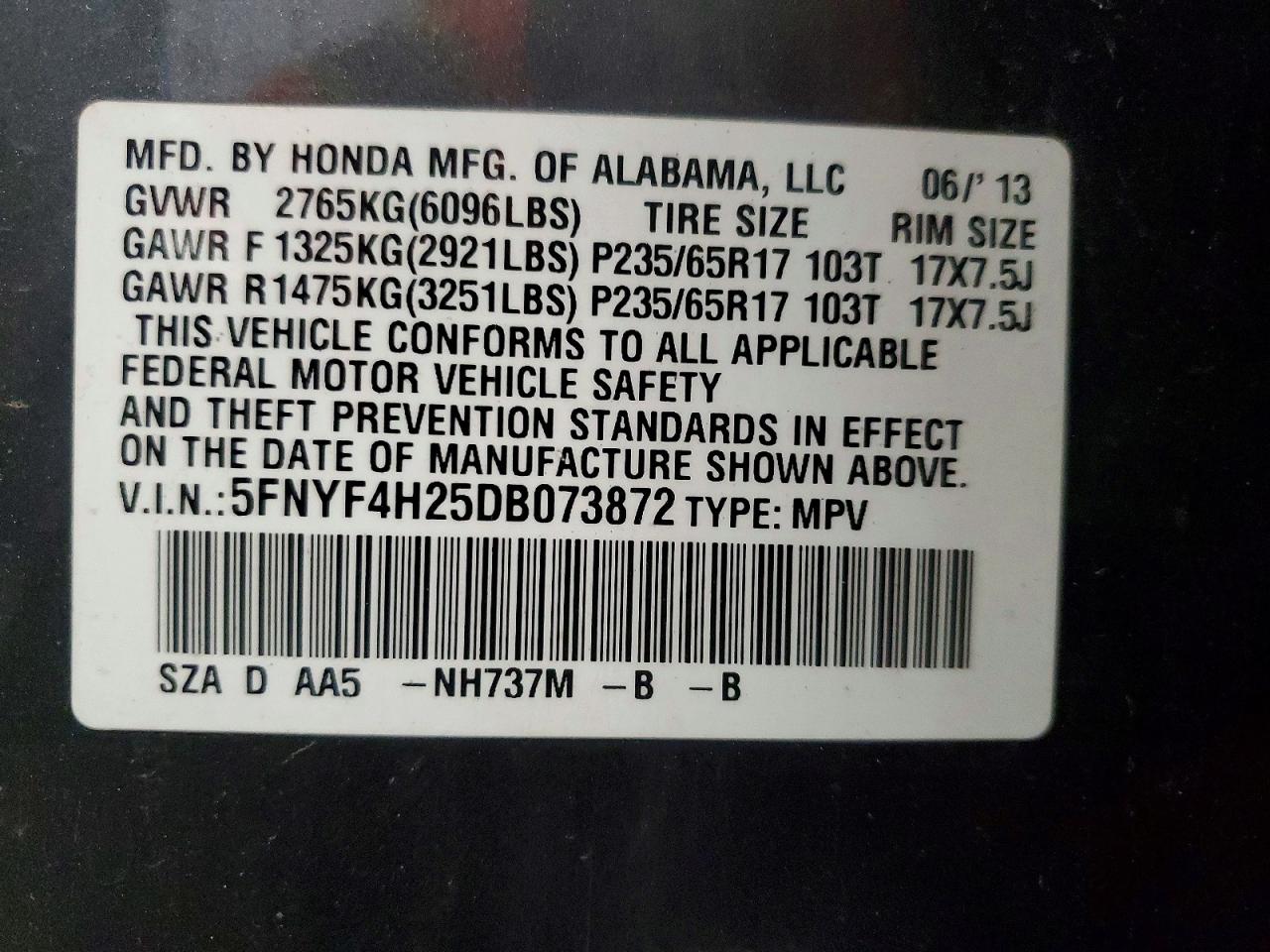 2013 Honda Pilot Lx Серый vin: 5FNYF4H25DB073872