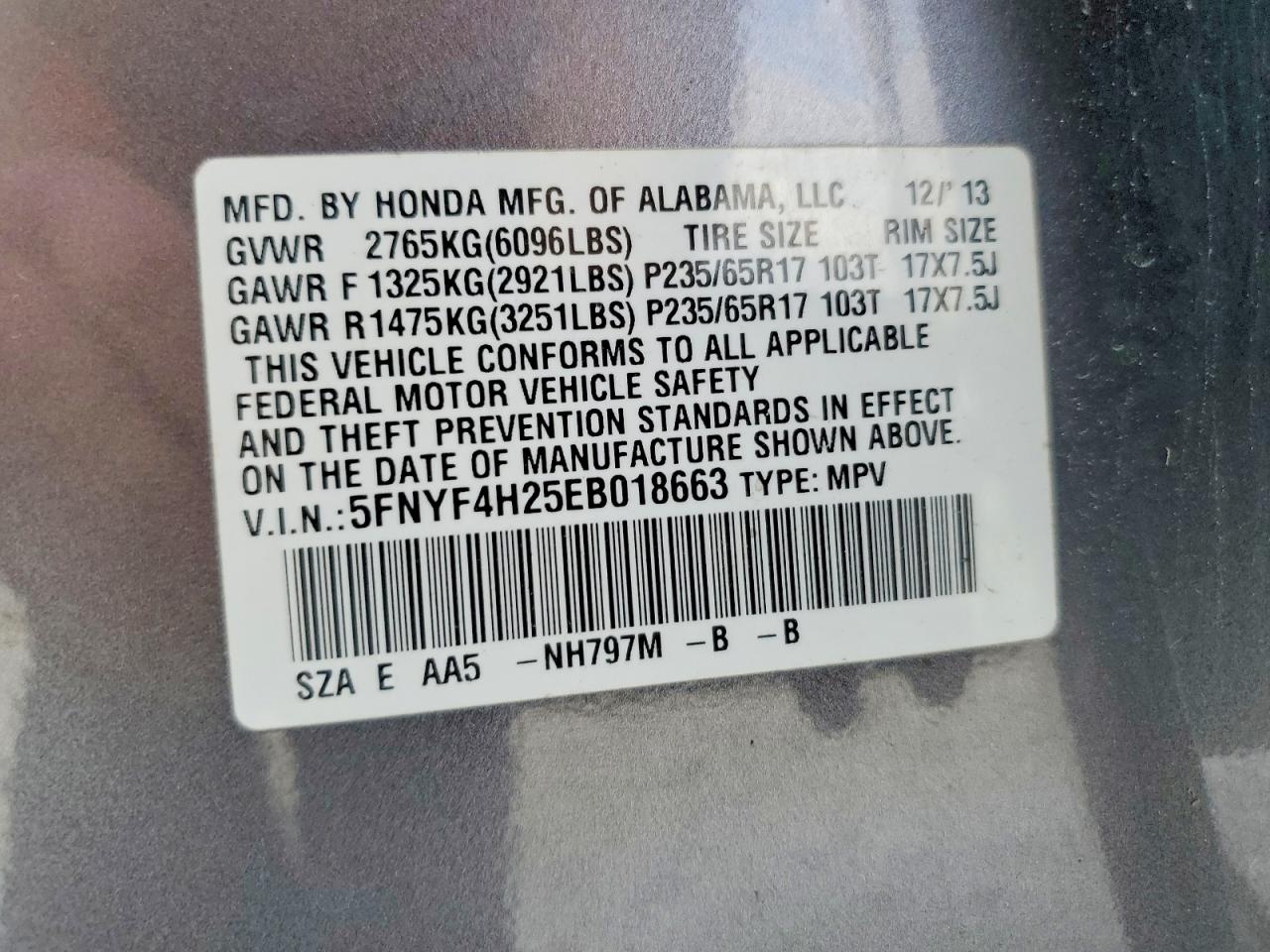 2014 Honda Pilot Lx Gray vin: 5FNYF4H25EB018663