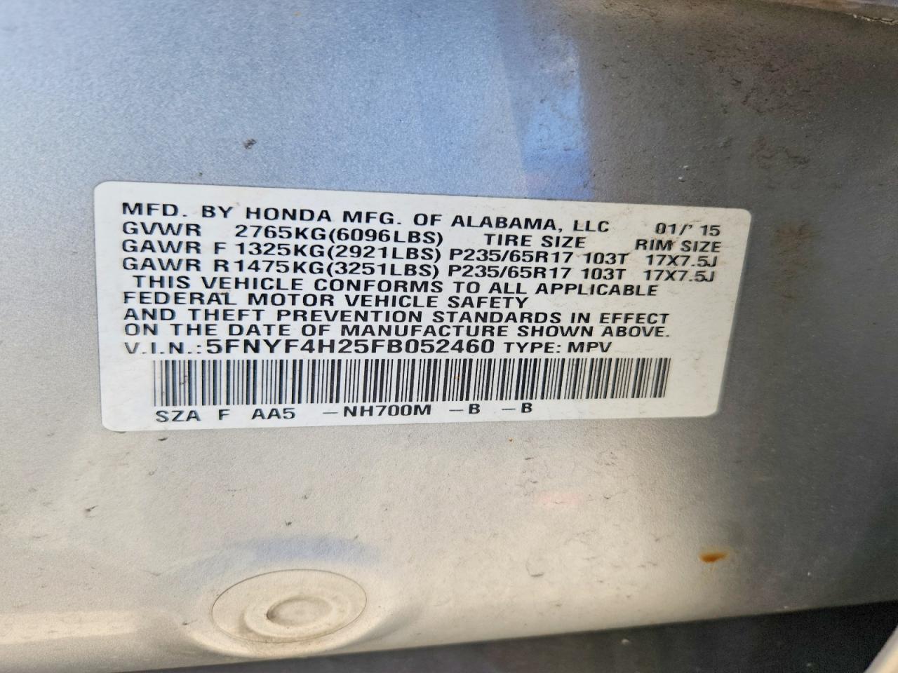 2015 Honda Pilot Lx Silver vin: 5FNYF4H25FB052460