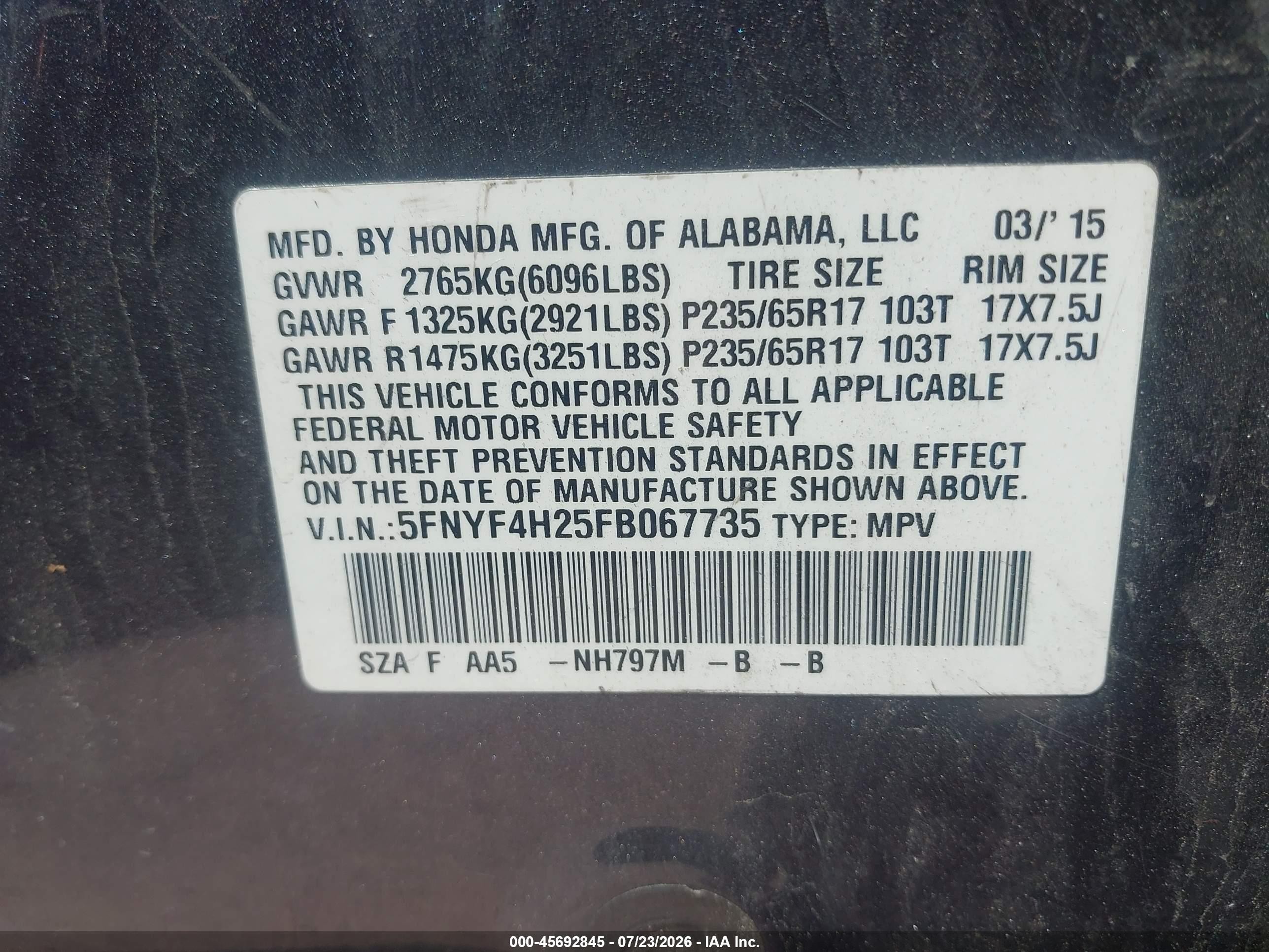 2015 Honda Pilot Lx Gray vin: 5FNYF4H25FB067735