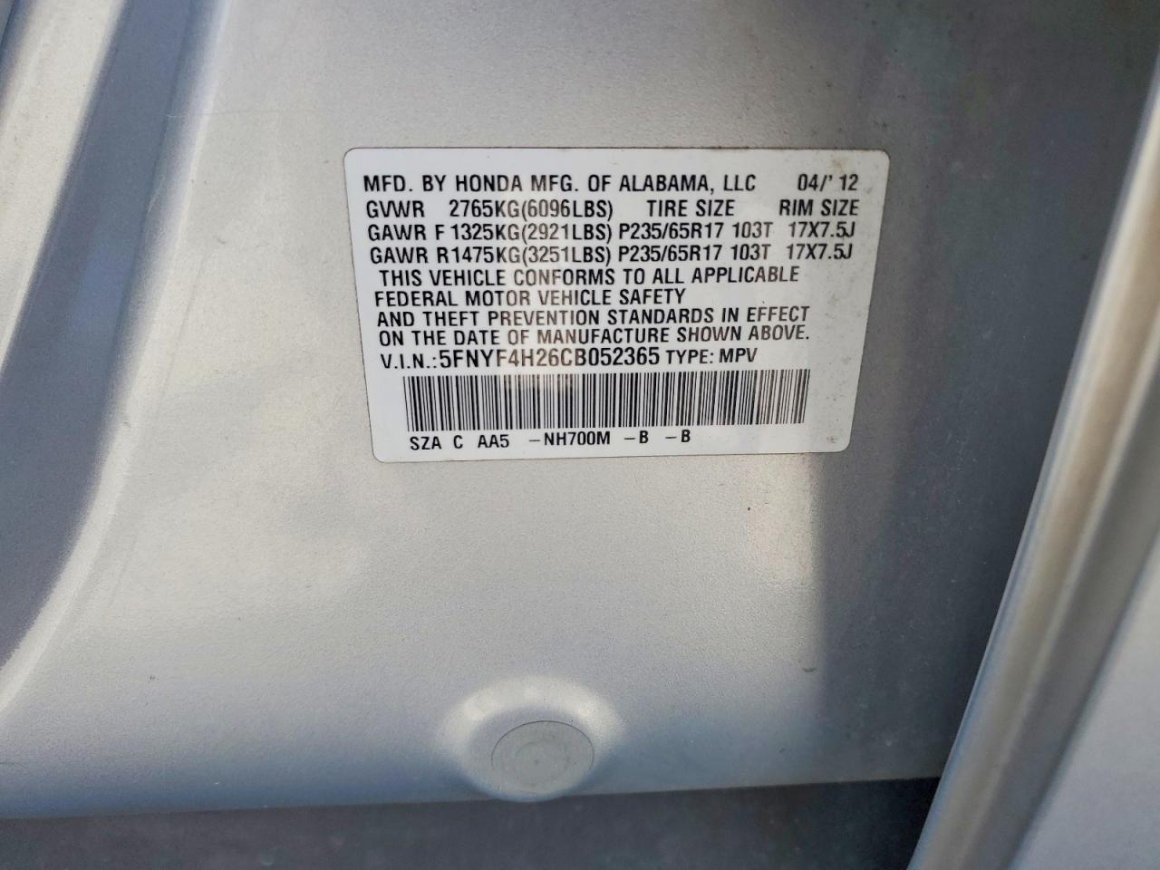 2012 Honda Pilot Lx Silver vin: 5FNYF4H26CB052365